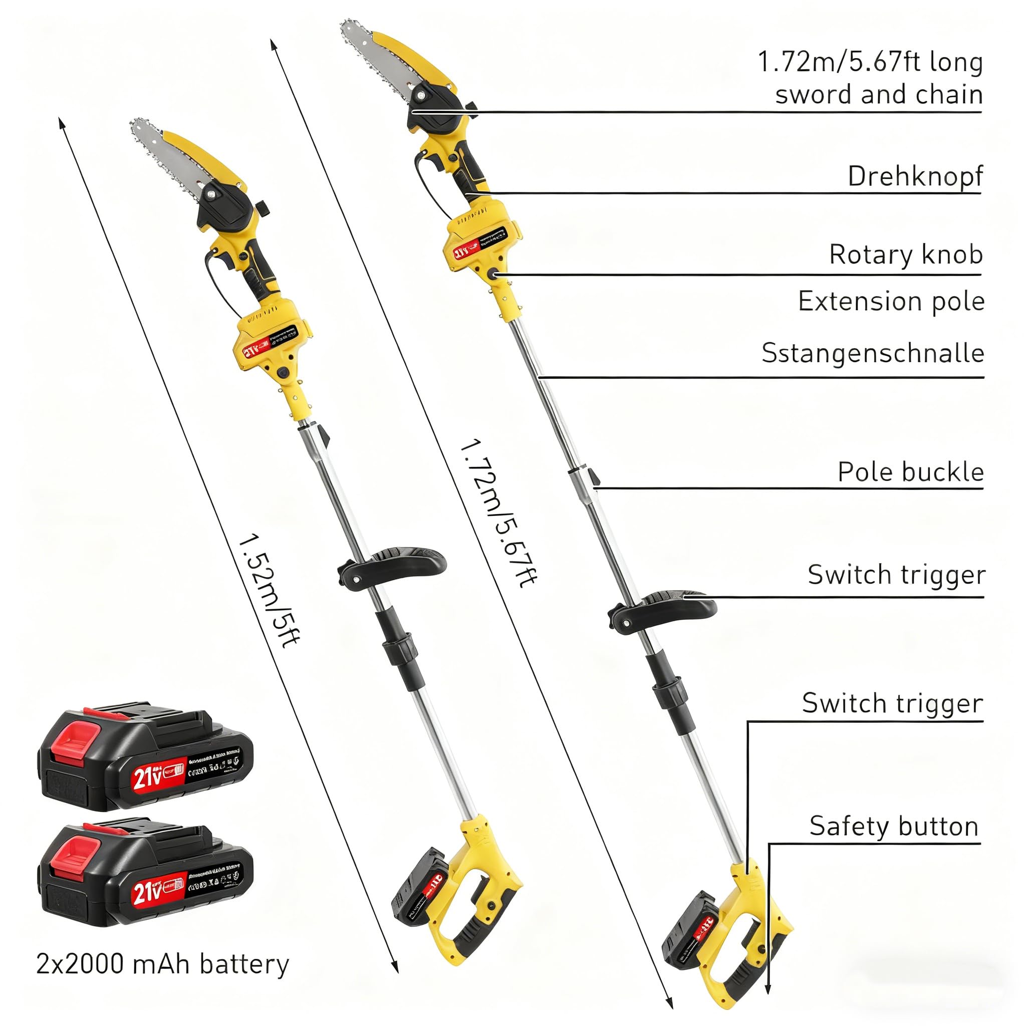 Eléctrico Pertiga Telescopica Podar, 2-in-1 Pertiga Podar, Acero Inoxidable, Alcance Máximo 1,72m, 2 X 2000mAH, Sierra de Podar Telescópica para Podar Palmas y Arbustos