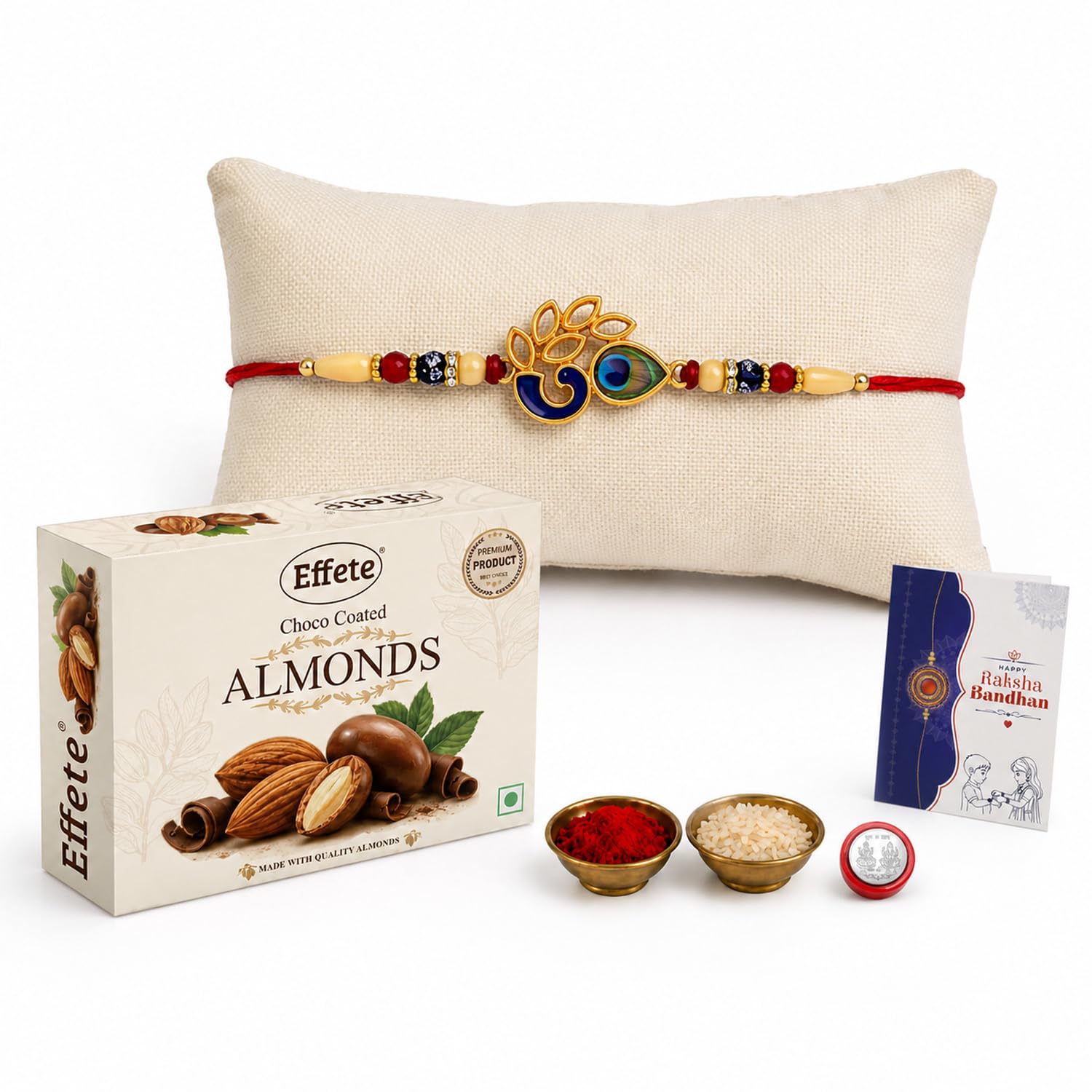 DeoDap Rakhi for Brother with Choco Coated Almonds 32gm, Peacock Design, Pooja Coin, Roli Chawal & Card | Rakhi with Chocolate Combo for Raksha Bandhan