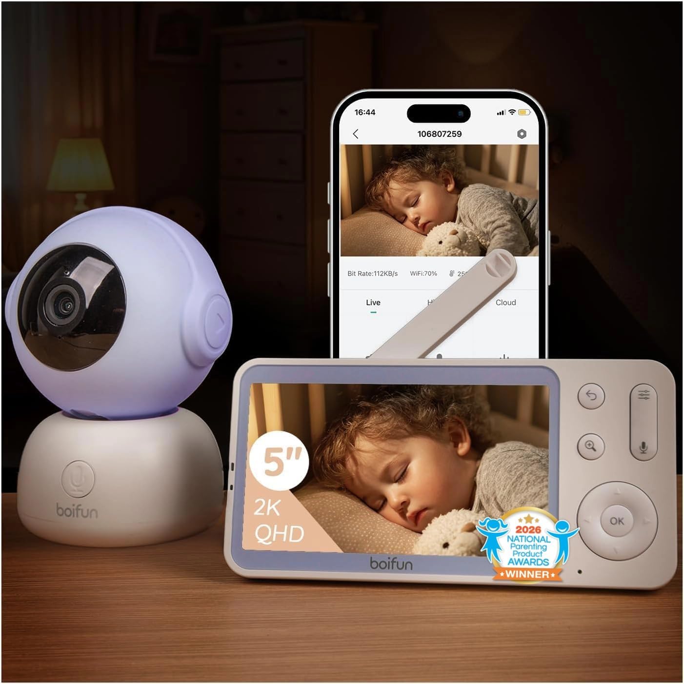 BOIFUN Wi-Fi Baby Monitor with Camera and Audio, Smartphone Compatible APP, 2K HD Night Vision with 5” Display, Auto Motion Tracking & Cry Detection, 2-Way Talk, Temp Sensor, Safe Encrypted