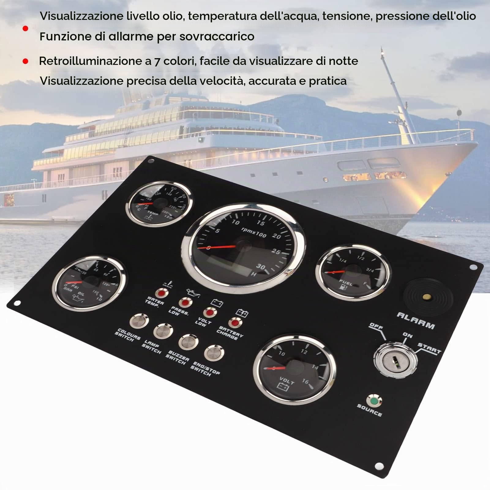 Aramox Quadro Strumenti per Barche, 12V 5 Gauge Cluster Gauge Cluster Panel 7 Colori Retroilluminazione Livello Olio Temperatura Acqua Pressione Olio Tensione Display 0-3000RPM
