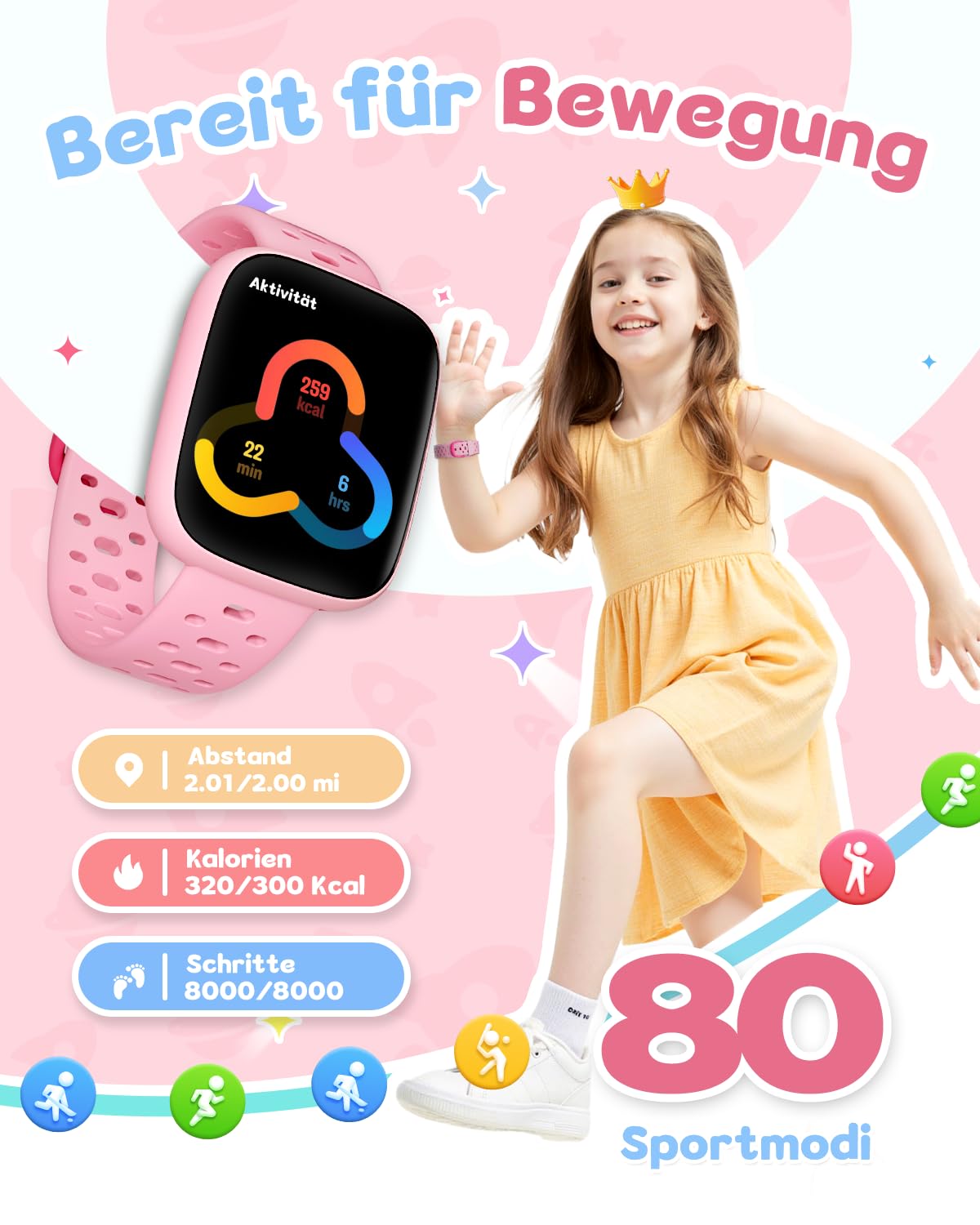 Smartwatch Kinder Ohne Handy/App nutzbar, 1,83" AMOLED Display Fitnessuhr mit IP68 wasserdicht, Schrittzähler, Herzfrequenz/Schlafmonitor, Wecker, Fitness Tracker für Mädchen 5-12