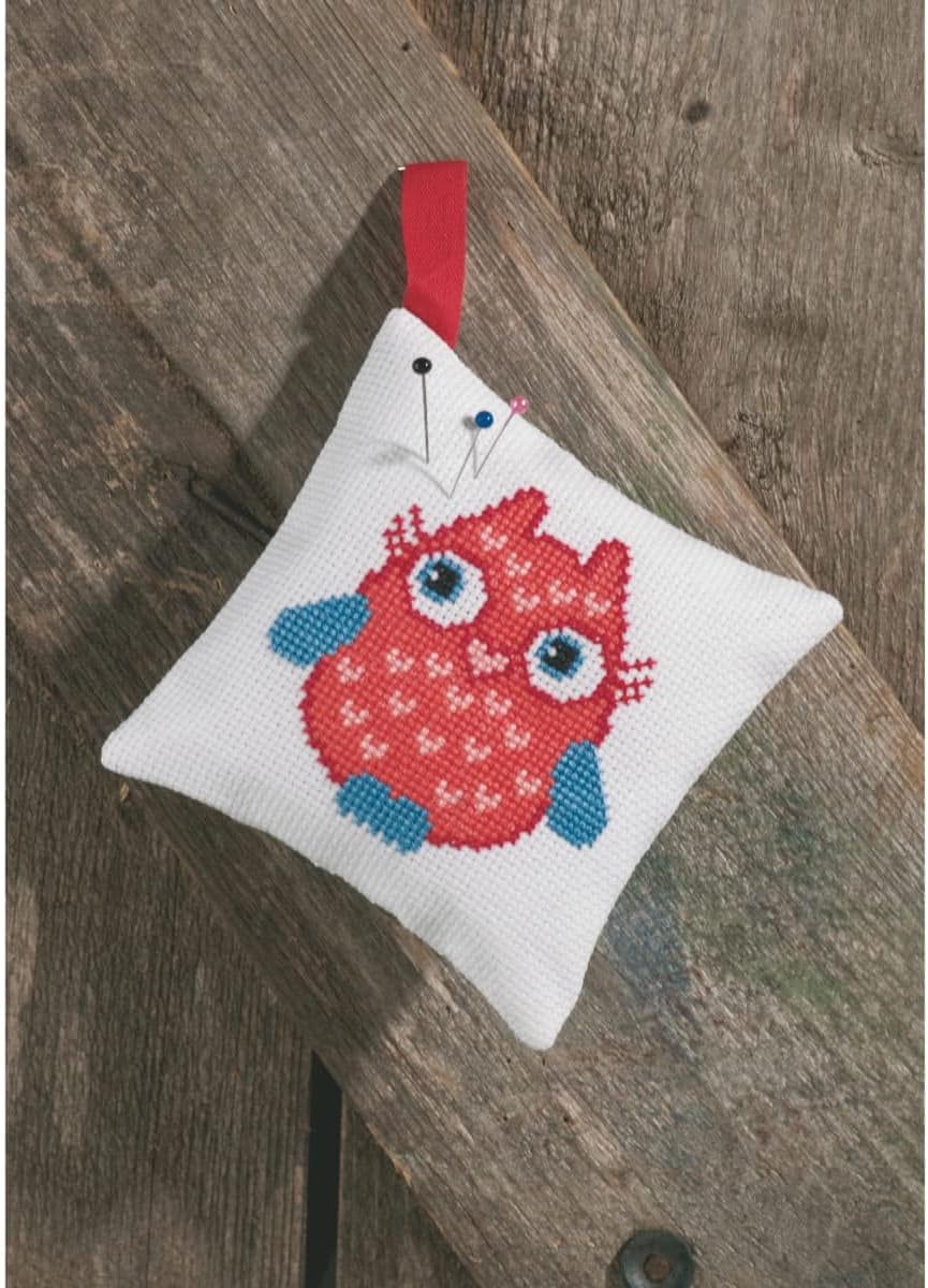 Permin Counted Cross Stitch kit Pincushion red owl, 12x12cm, DIY, 03
