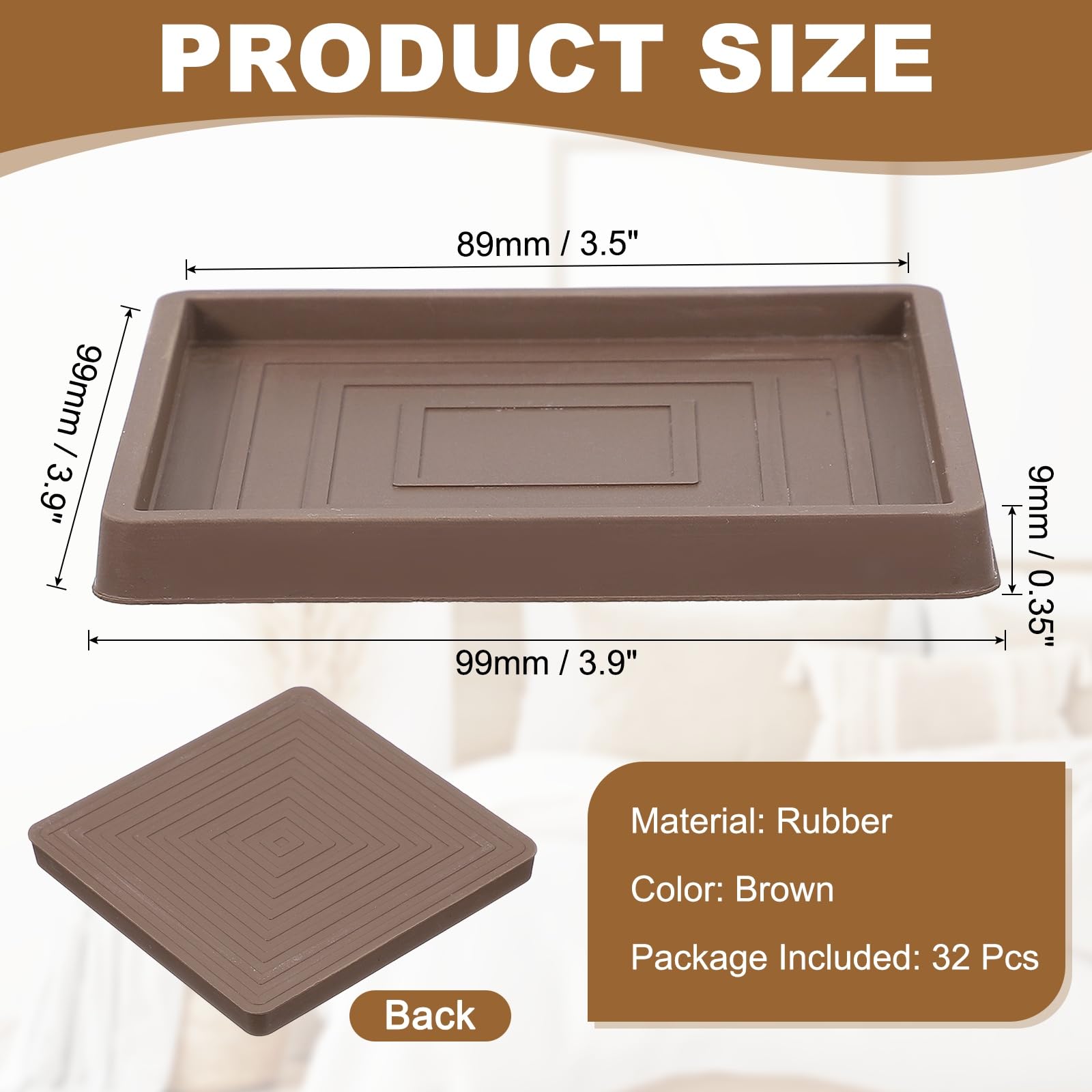 QUARKZMAN 32Piezas 3.9x3.9 Protectores De Suelo Cuadrados para Patas De Muebles De Goma Tazas para Ruedas para Suelos De Madera Marrones (Adecuados para Patas De Silla De 3.5 Pulgadas)