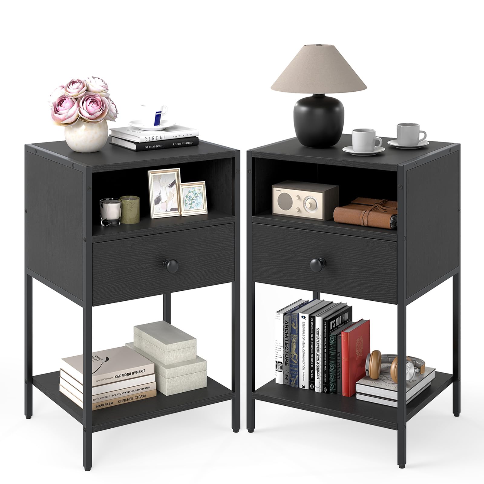 COSTWAY Bedside Table, Industrial Nightstand End Sofa Side Table with Drawer and Storage Shelves, Metal Frame Wooden Small Bedside Cabinet for Living Room Bedroom, 40x32x65cm (2, Black)