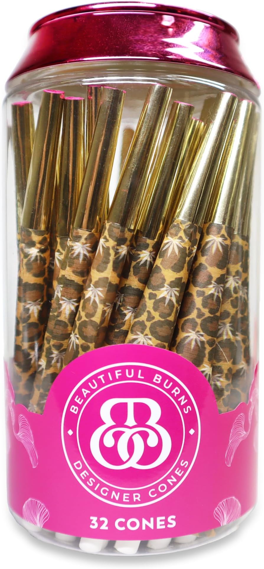 Beautiful Burns Cones Rolling Paper Lady Leopard Pre Rolled Cones - 32 Count Jar of 98mm Long Rolling Papers With Foil Tips - Ultra Thin For A Smooth Burn