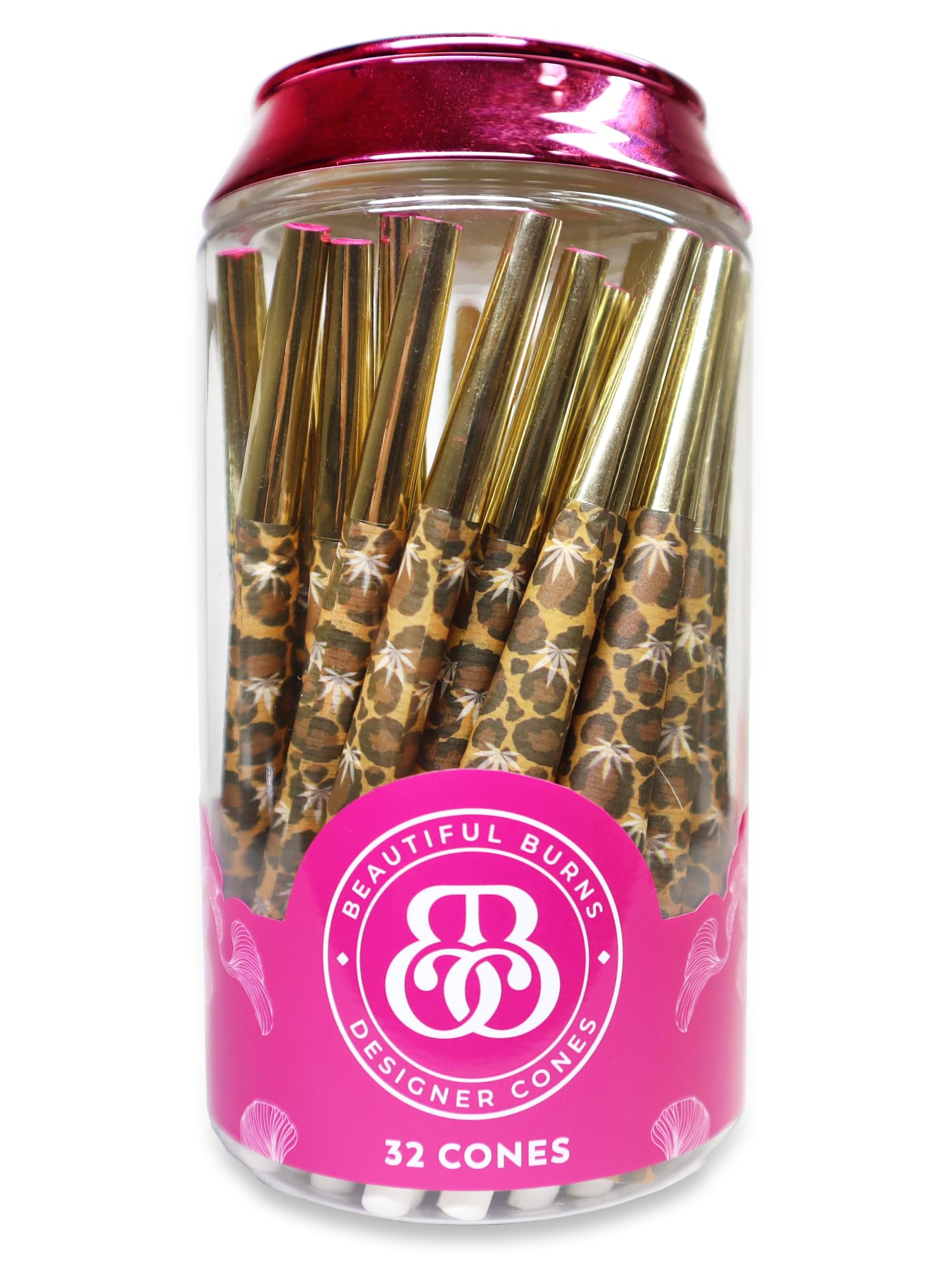 Beautiful Burns Cones Rolling Paper Lady Leopard Pre Rolled Cones - 32 Count Jar of 98mm Long Rolling Papers With Foil Tips - Ultra Thin For A Smooth Burn