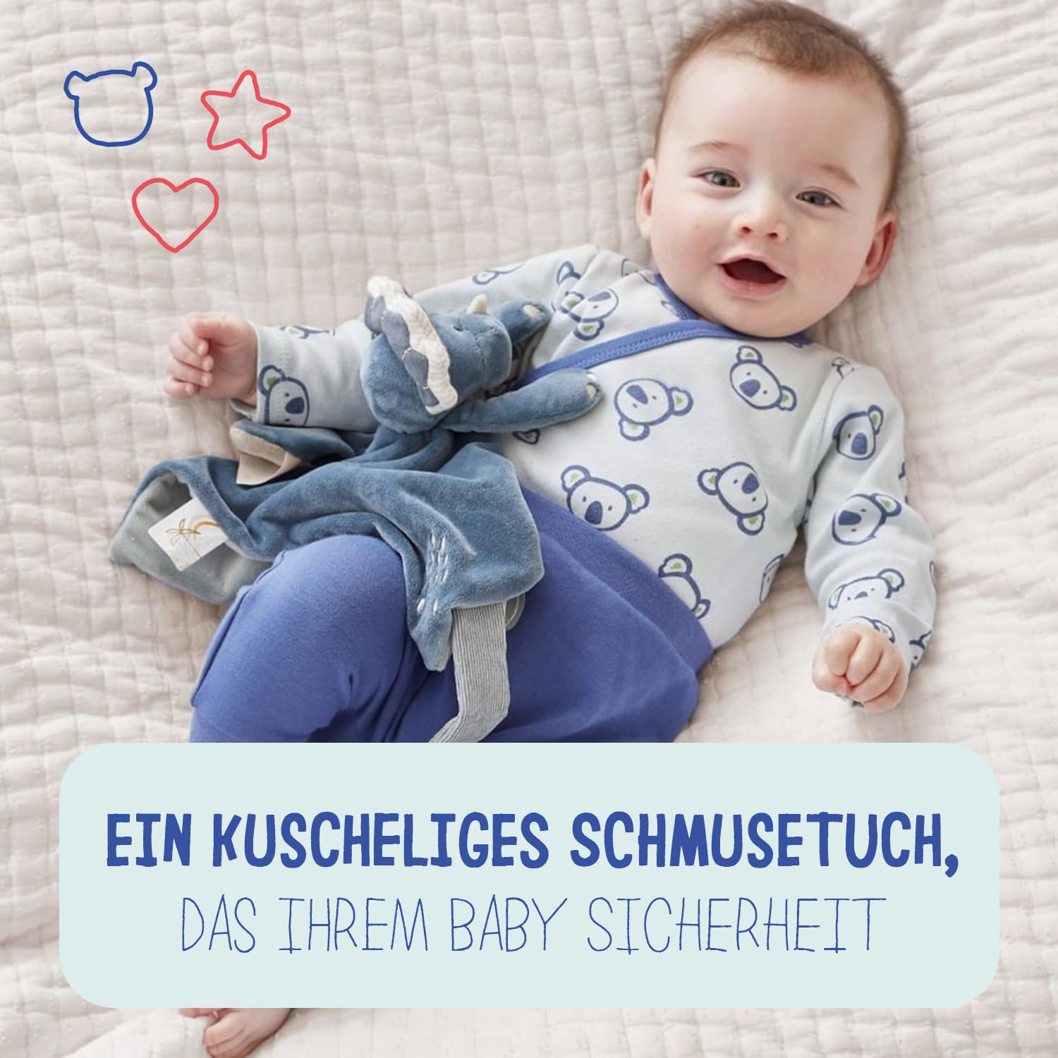 Noukie's - Schmusetuch für Kinder - Schmusetuch aus Veloudoux - Ops, der Triceratops - Viele Funktionen - Blau - 1 Stück