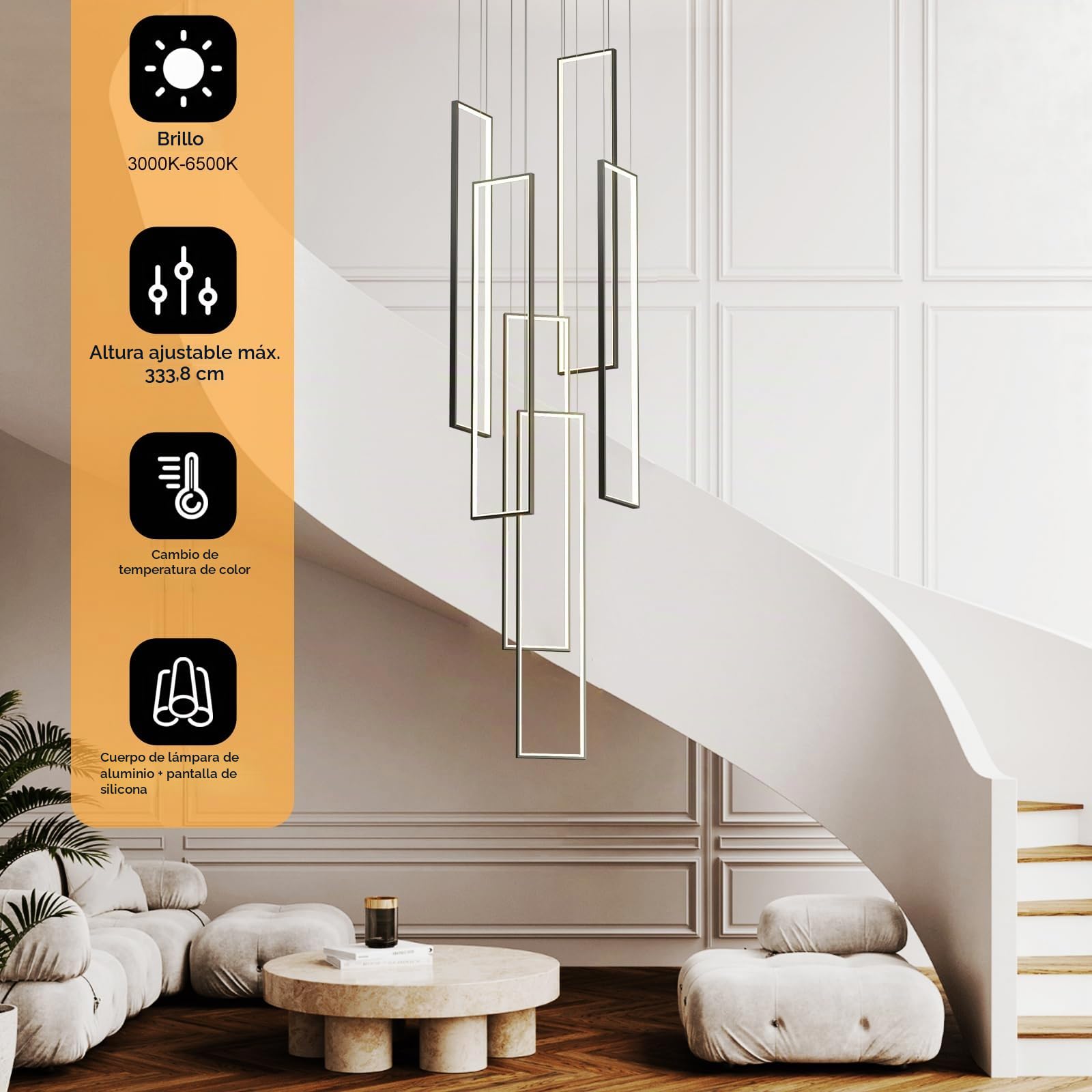Qcyuui Lámpara de Techo LED Moderna Suspendida para Escaleras, 6 Luces Regulables, Plafón para Entrada de Chalet, Escaleras y Salones, Rectangular 90W con Mando a Distancia | Lámpara colgante rectangular con mando a distancia para villa, entrada, escalera