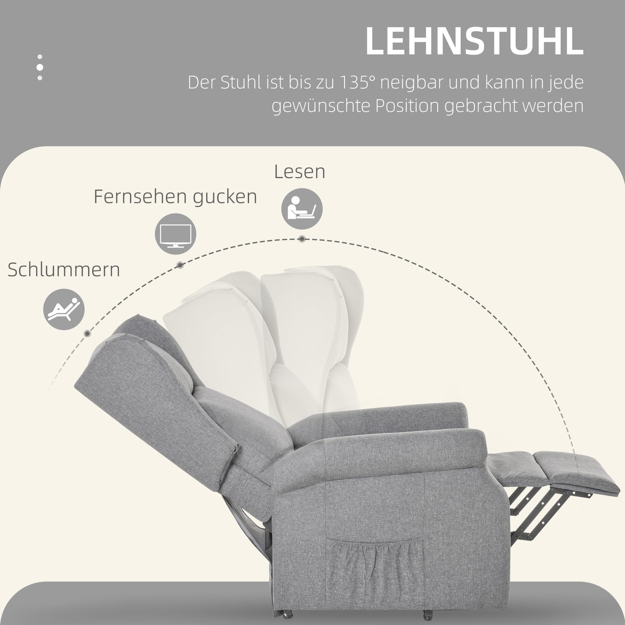 HOMCOM Fernsehsessel mit Aufstehhilfe Elektrisch Relaxsessel mit Liegefunktion, TV-Sessel mit Fernbedienung Seitentasche Leinenoptik Grau