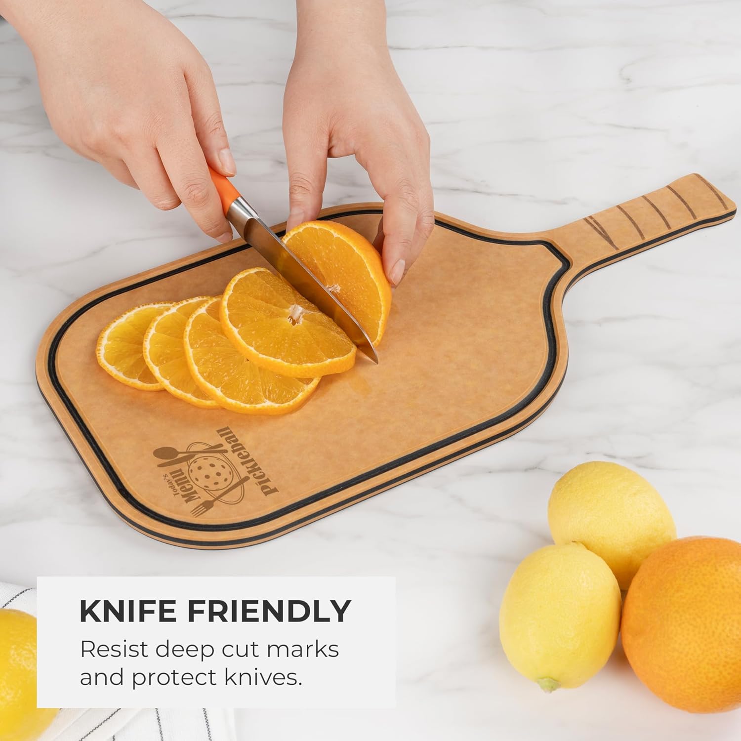 Elihome Pickleball Charcuterie Cutting Board, Pickleball Gifts for Women Men, Wood Fiber 16 x 8.5, Paddle Shape with Handle, Dishwasher Safe, Reversible Design, Juice Groove"Today's Menu: Pickleball"
