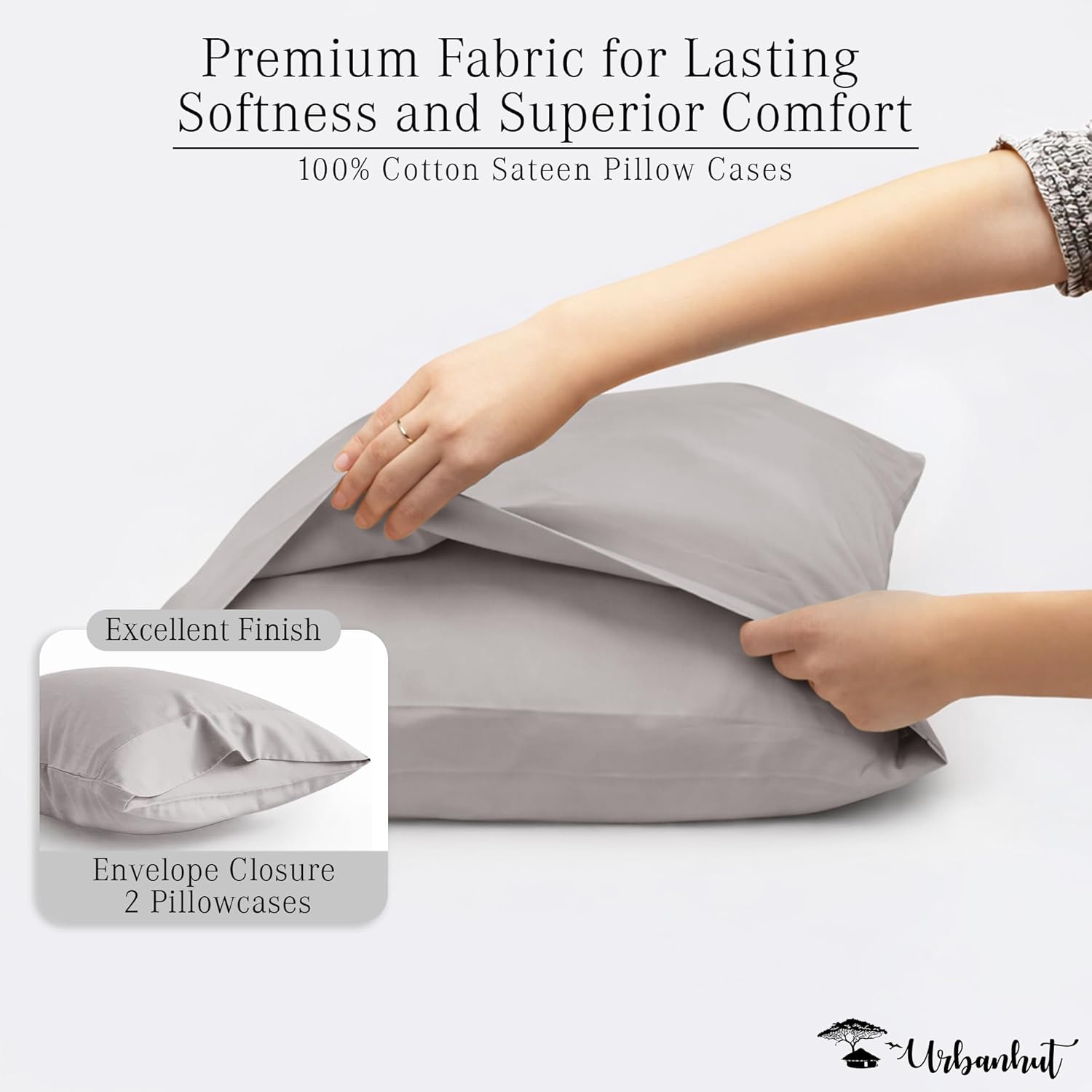 URBANHUT 100% Cotton Pillowcases, King Size, Ultra Soft Pillow Case, 20x36 Inches Set of 2, Hotel Quality Premium Cooling Pillow Cases - Silver Grey - Image 5