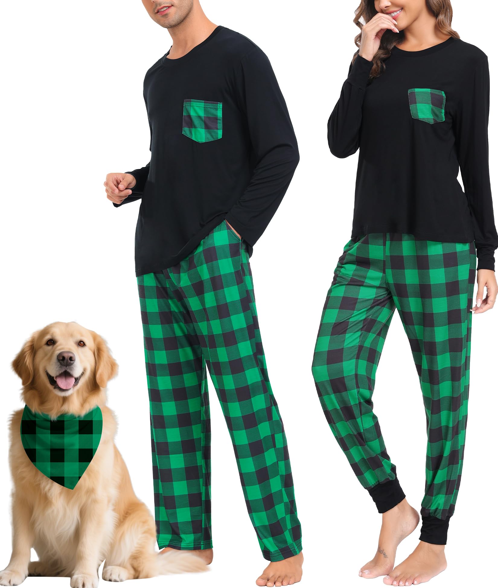 swomog Adult Christmas Pajamas Buffalo Plaid Pajama Pants with Pockets Long Sleeve Tops for Couples & Family-picture-56