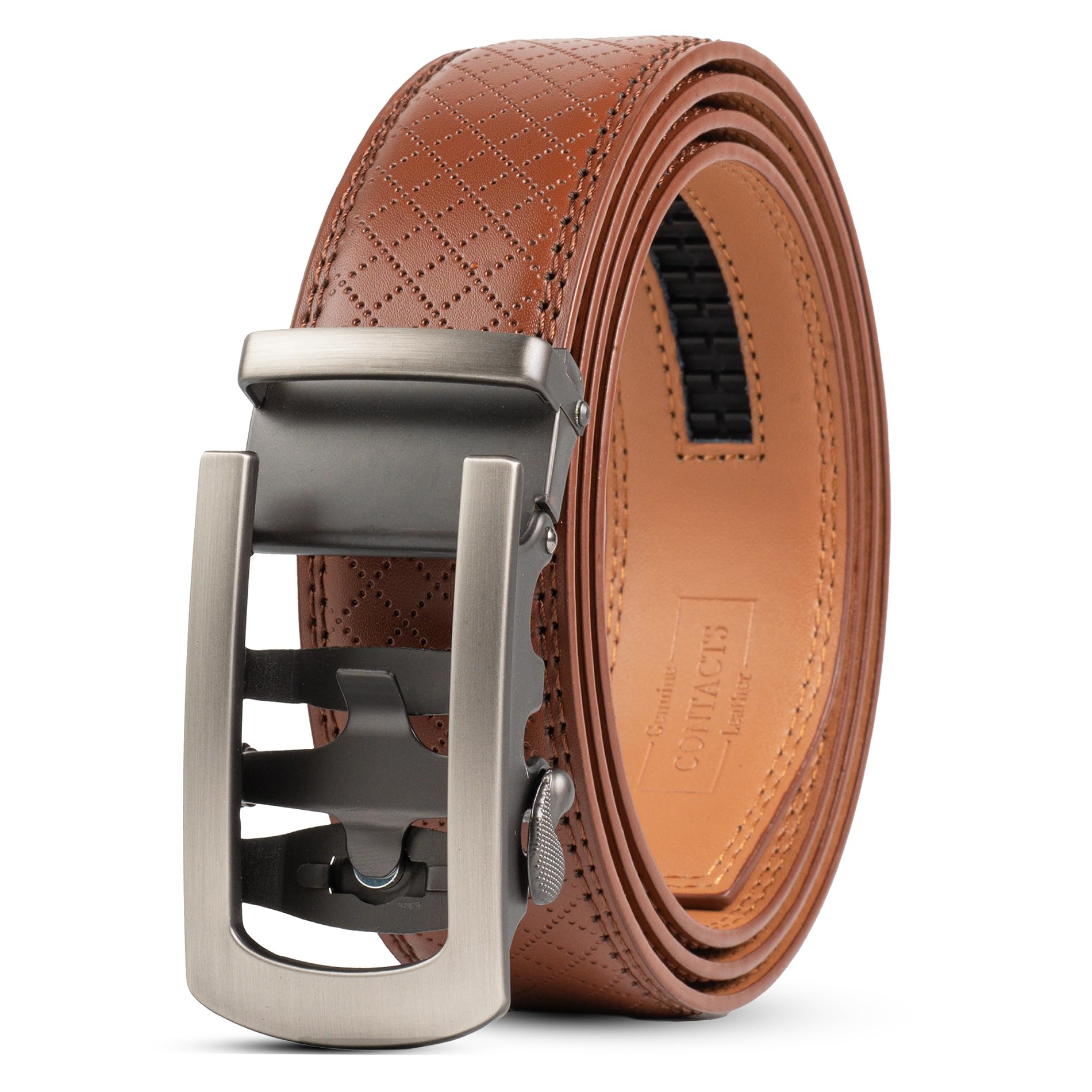 Contacts Genuine Leather Automatic Ratchet Belt for Men – Classic with Elegant Alloy Buckle, Adjustable Trim-to-Fit Formal & Casual Belt
