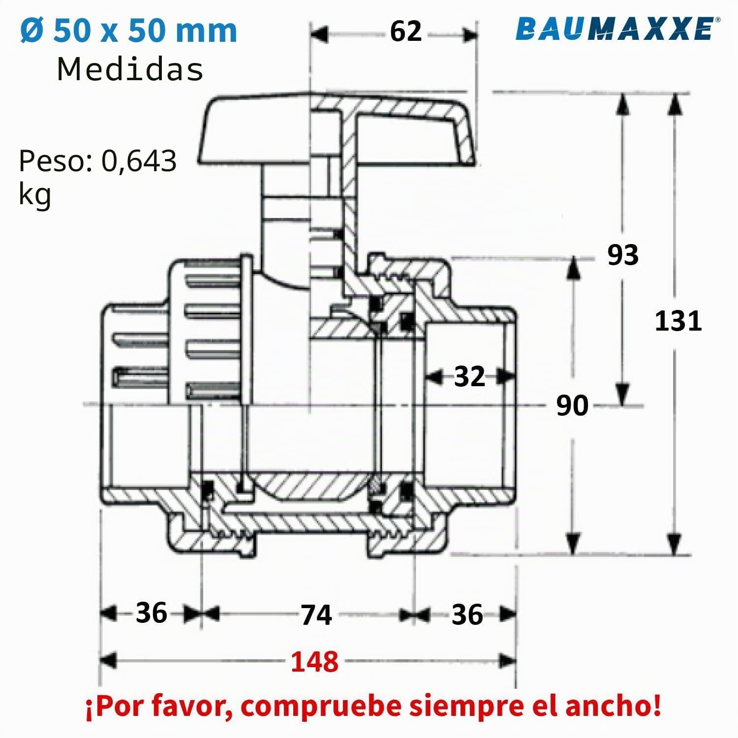 Válvula de bola PVC 50 mm I Doble unión desmontable radialmente I PN16 PVC-U con juntas EPDM I Corte de paso 2 vías para piscina riego drenaje I bm001