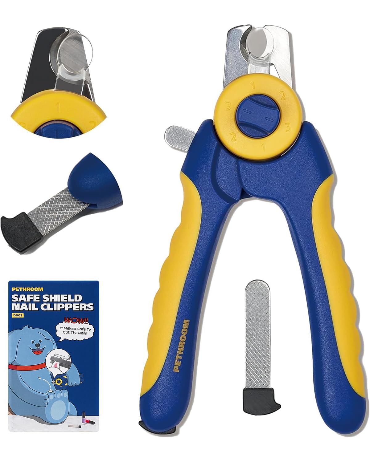 PETHROOM] Professional Dog Nail Clipper with Transparent Guard & Nail File | Adjustable Cutting Length (1-3mm) Sturdy, Durable Stainless Steel Blade | Nail Trimmer for Pets Avoid Overcutting