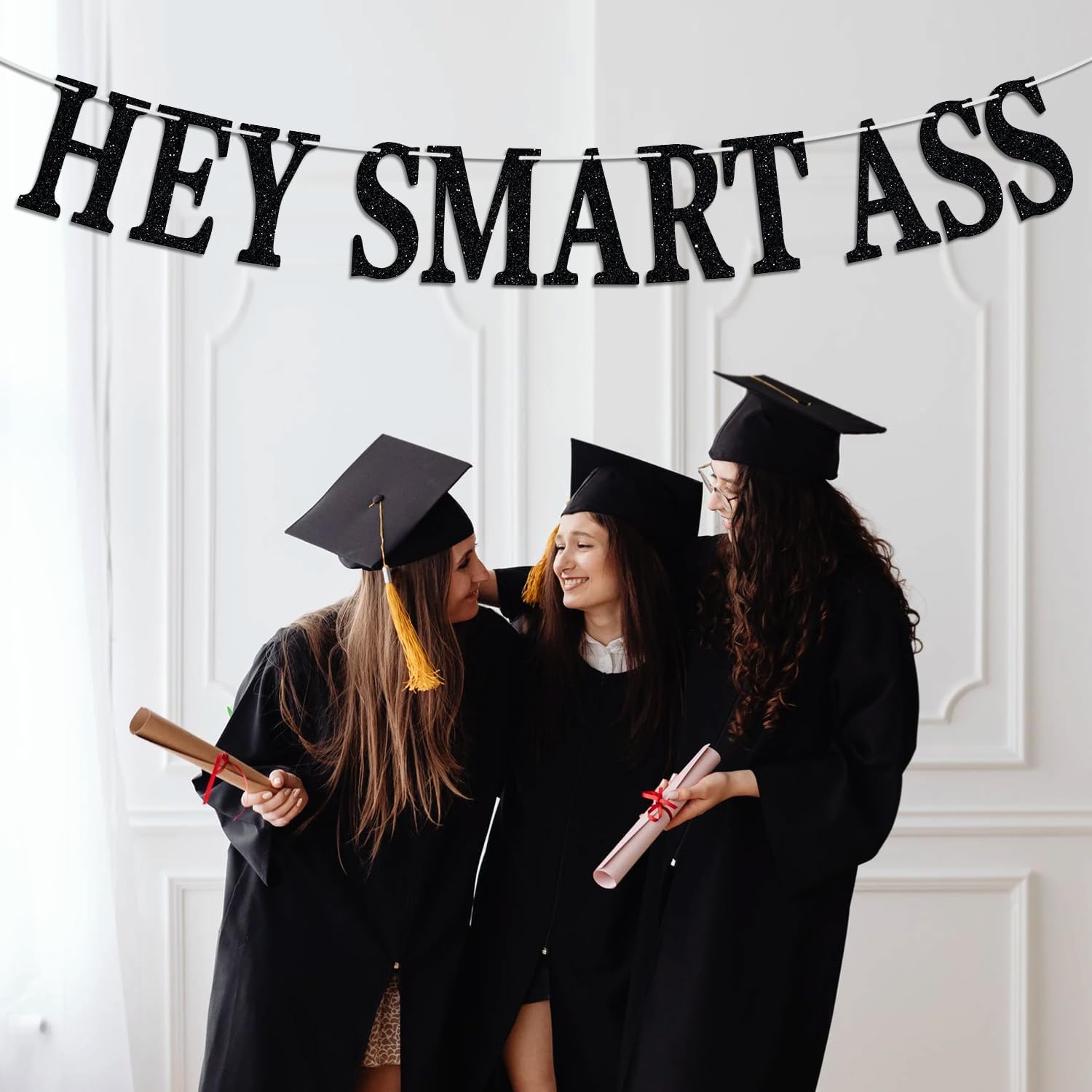 Hey Smart Ass Banner, Congrats Grad/So Proud of You Bunting Sign, Class of 2025 High School/College Graduation Party Decorations Supplies, Black Glitter image 5