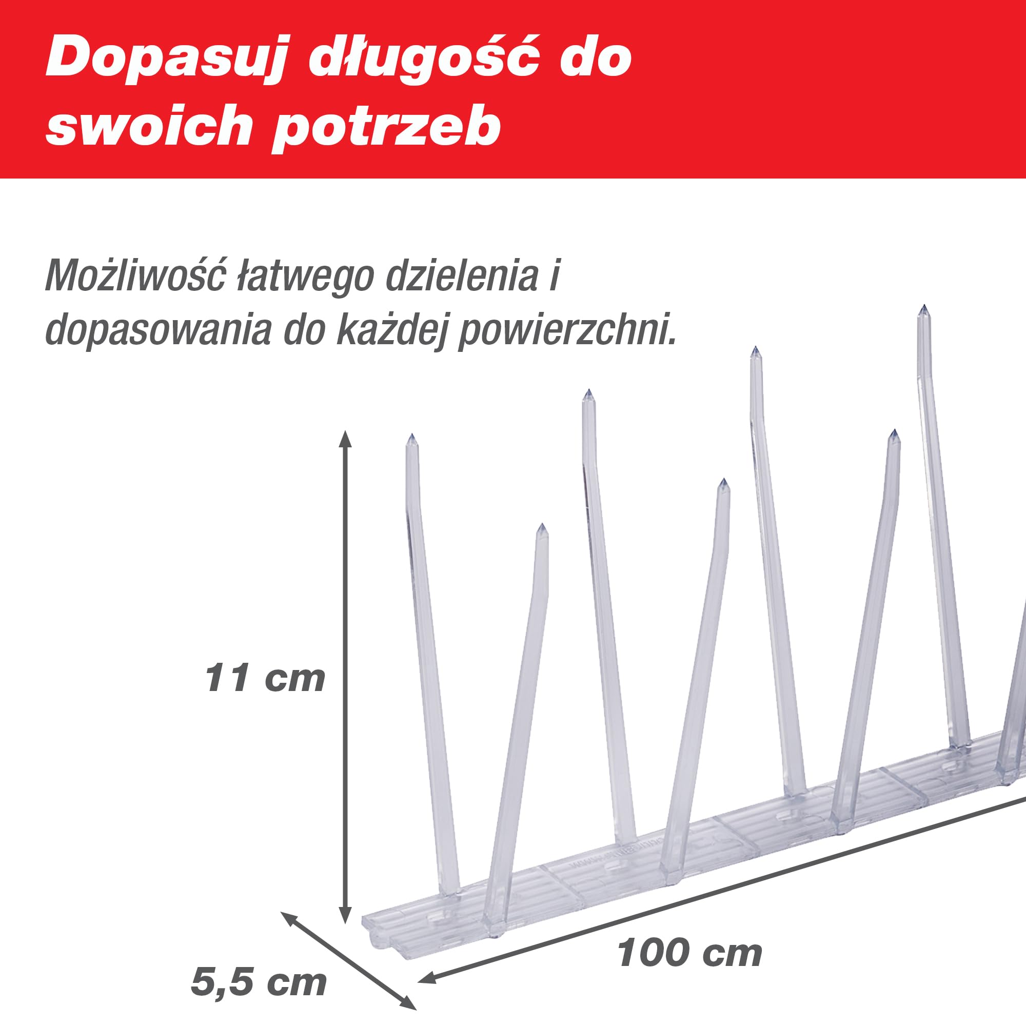 SWISSINNO Kolce odstraszające ptaki 100 cm (3x33,3 cm) – przezroczyste kolce na gołębie z poliwęglanu – dzielone – łatwy montaż – odporne na UV i warunki atmosferyczne – na parapet, balkon, rynnę