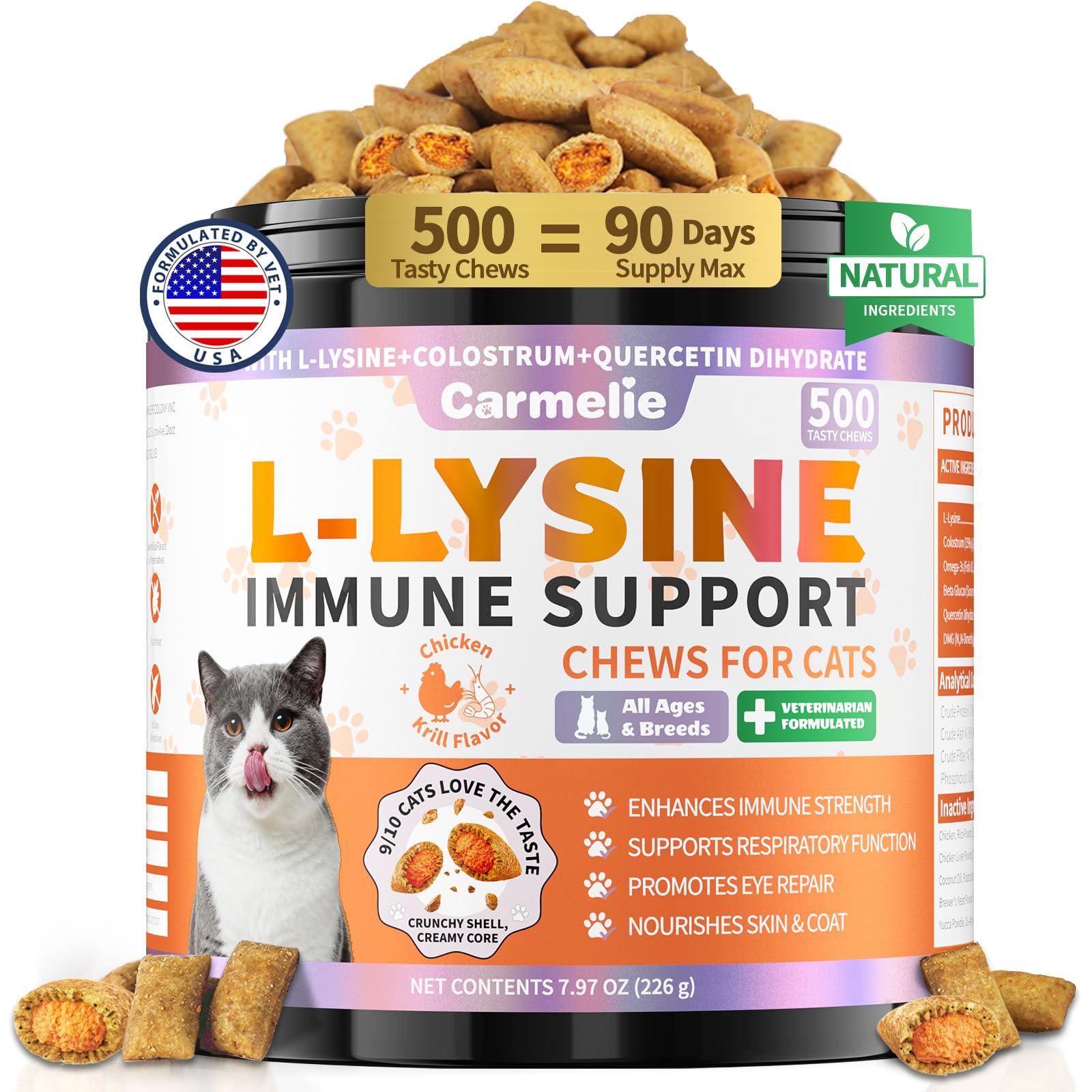 L-Lysine Supplement for Cats, 500 Crunchy & Creamy Lysine Cat Chews with L-Lysine, Colostrum, Omega-3, DMG for Sneezing, Runny Nose & Upper Respiratory Support, Chicken & Krill Flavor