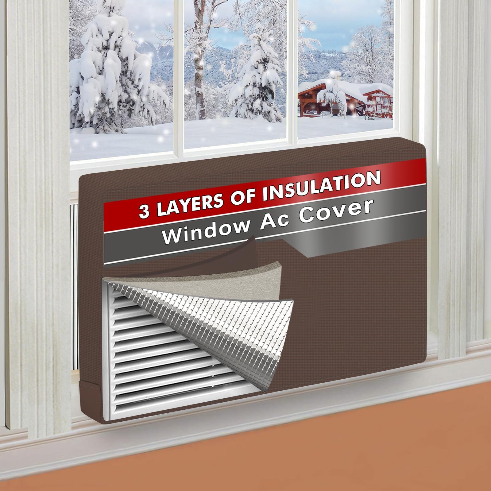 21"Lx15"Hx3.5"D Indoor Air Conditioner Cover for Window Units, 3 Layers Insulation AC Cover for Inside Wall Unit with Aluminum Foil and 2mm Foam, Windproof Window Air Conditioner Cover Inside, Brown