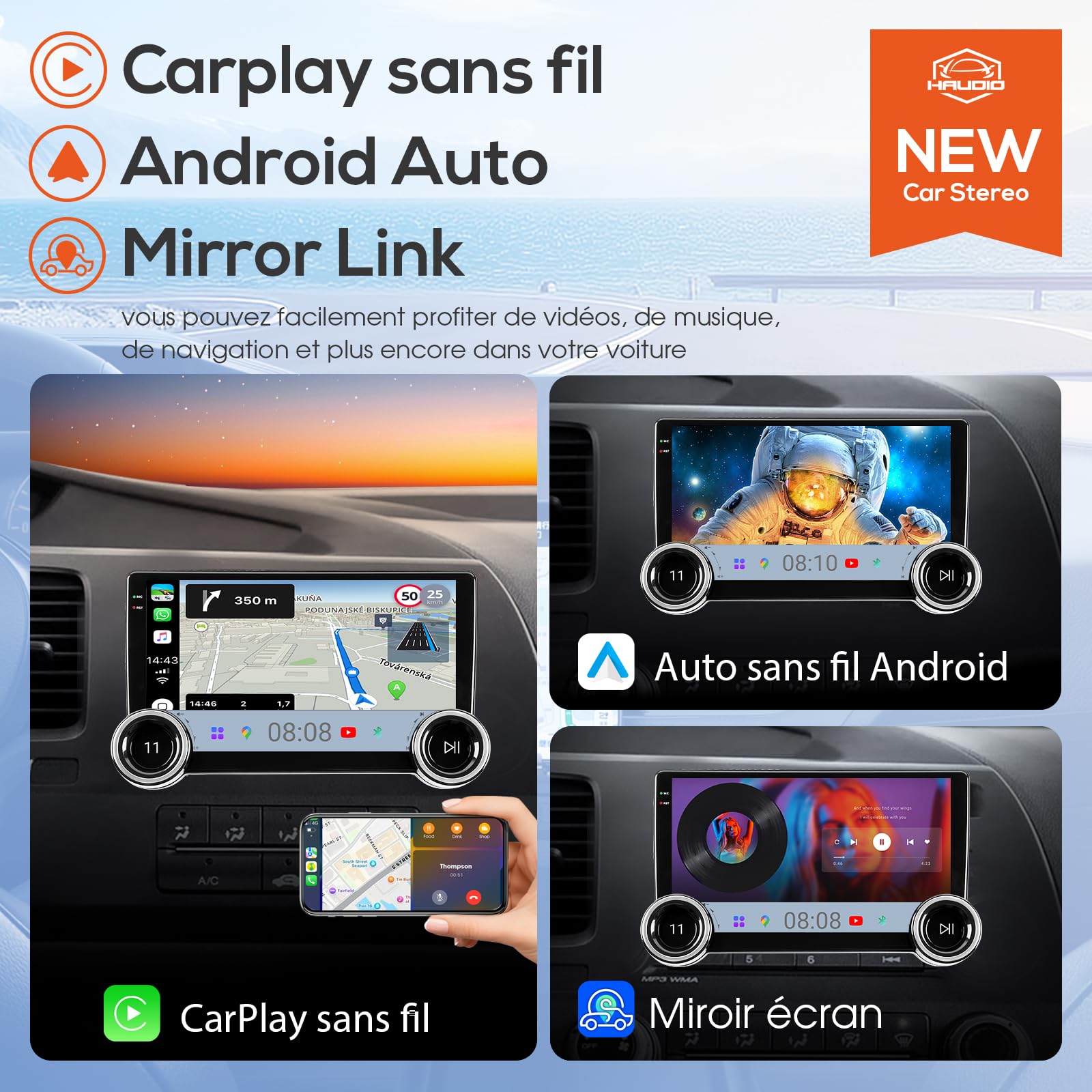 Haudio 2 Din Autoradio avec CarPlay Sans Fil et Android Auto, 10.1 Pouces Autoradio Bluetooth avec Caméra Arrière, Lien Miroir, AM/RDS/FM, Compatible avec Toutes les Voitures avec Double Bouton 2+64Go