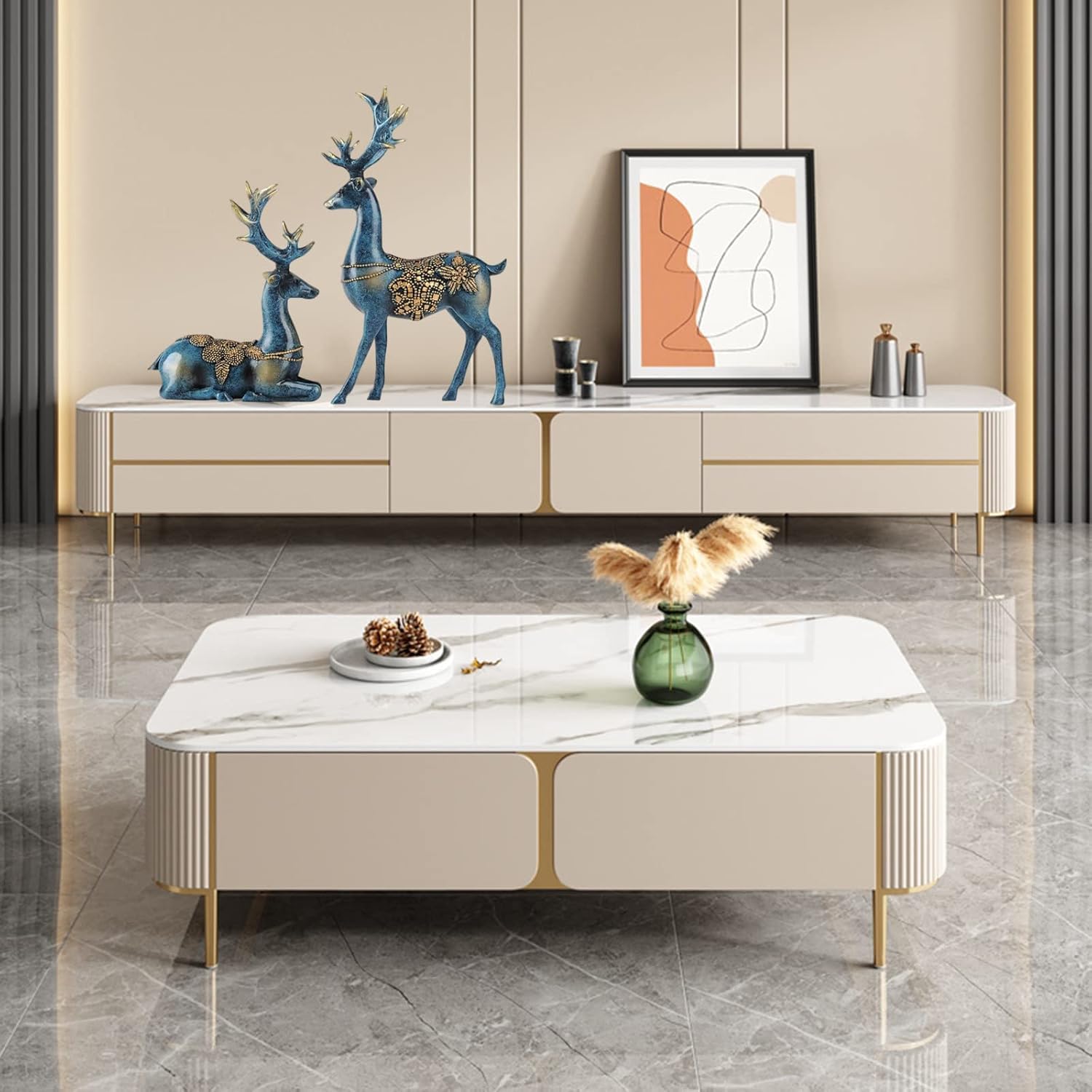 2 figuras de reno de Navidad, esculturas de reno de resina de pie y sentado para centros de mesa de Navidad, suministros de decoración del hogar de vacaciones (azul, talla única)