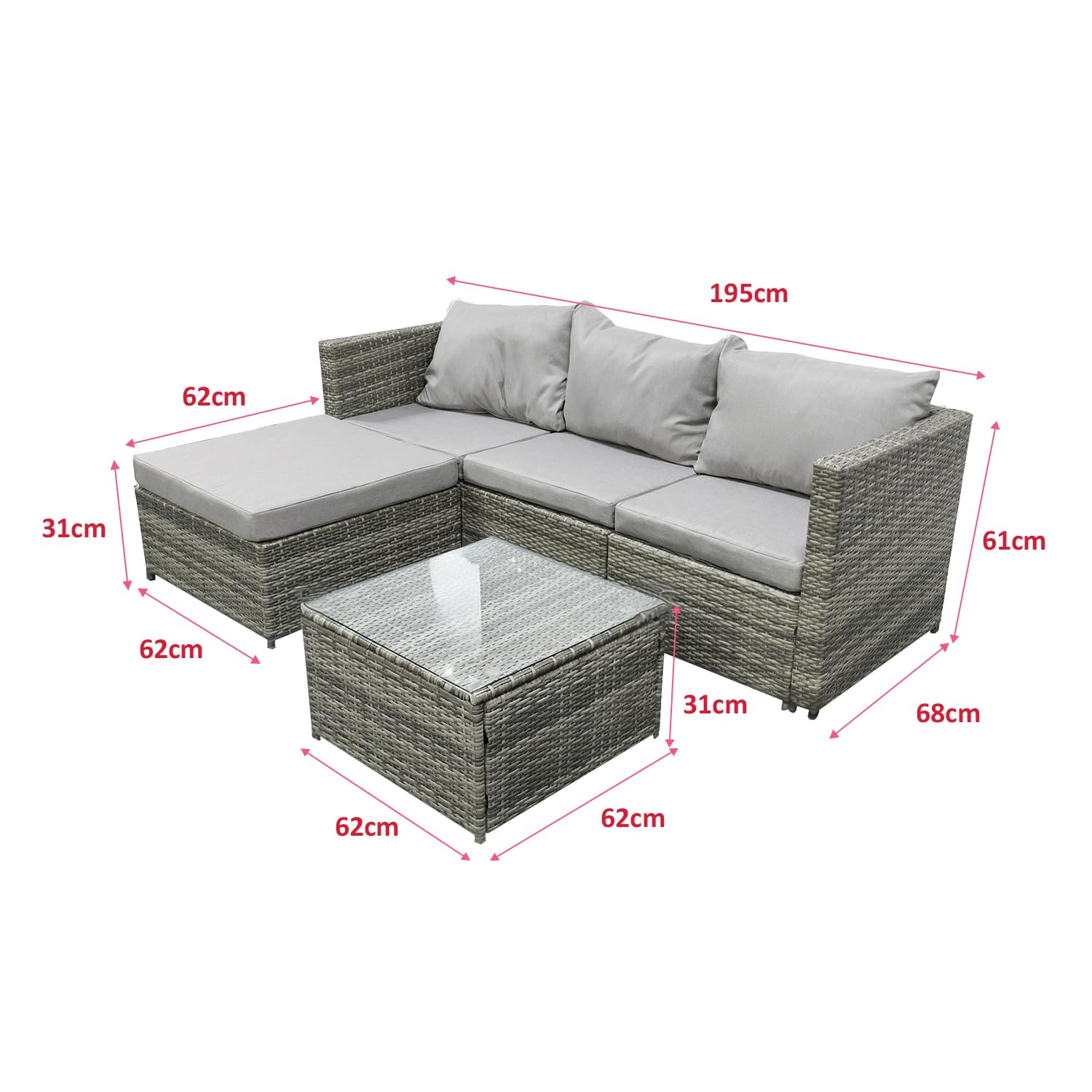 COZYBRITE Garden Corner Sofa Rattan Furniture Set 4 Seater Patio Outdoor Lounge Settee with Glass Coffee Table All-weather SFS066 (Mix Grey Rattan+Grey Cushion) — view 5