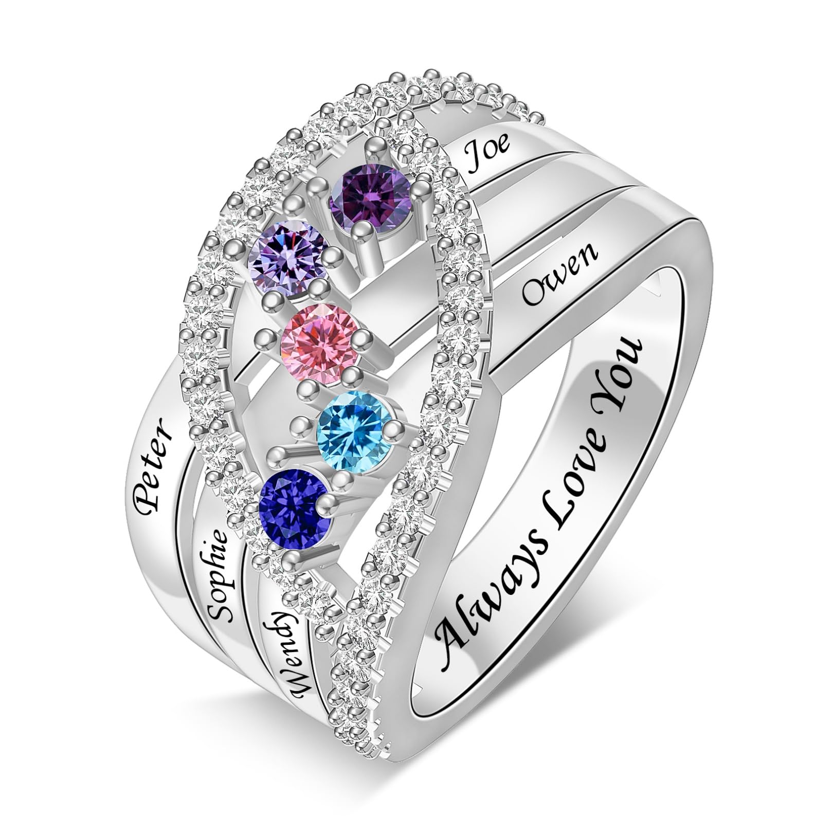 YITUB Personalized Birthstones Ring Custom Names Mothers Ring Family Birthstone Mom Ring for Grandma on Mother’s Day for Girlfriend on Valentine's Day