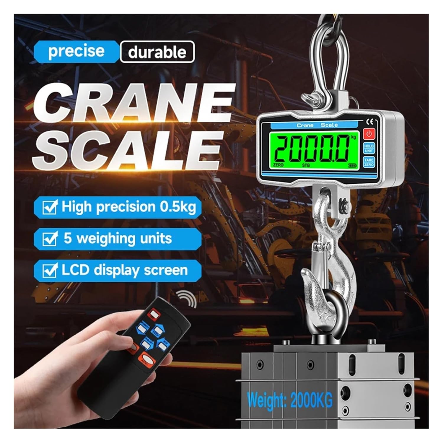 Hanging Scale Luggage Scales Digital Crane Electronic LCD Industrial Heavy Duty Steel Hook Strong Capacity
