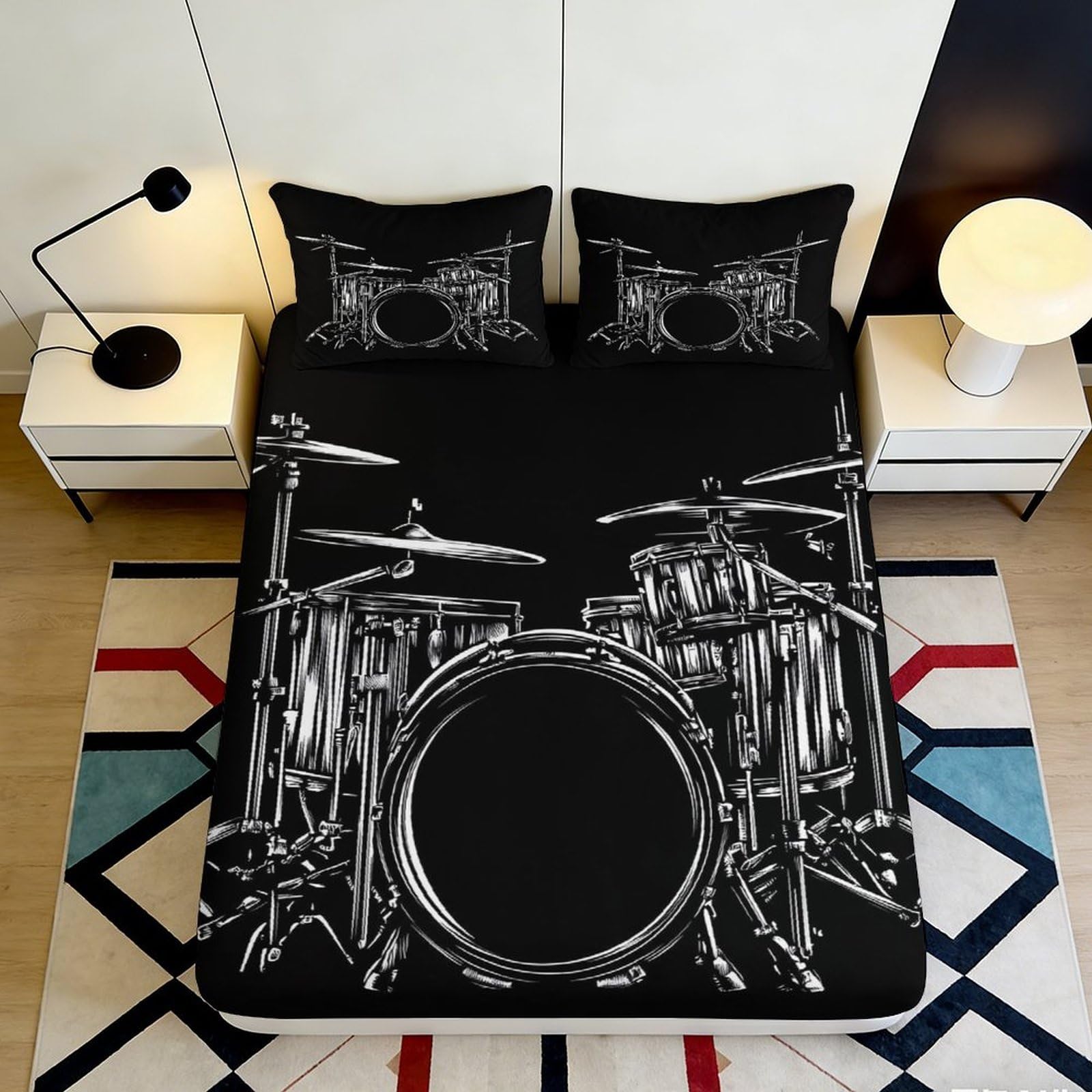 Uxinyoume Style-10 3D Printed Drum Set Fitted Sheet Microfiber Black Music Band Bed Cover For Bedroom Guest Room Mattress Protection 90X200x25cm