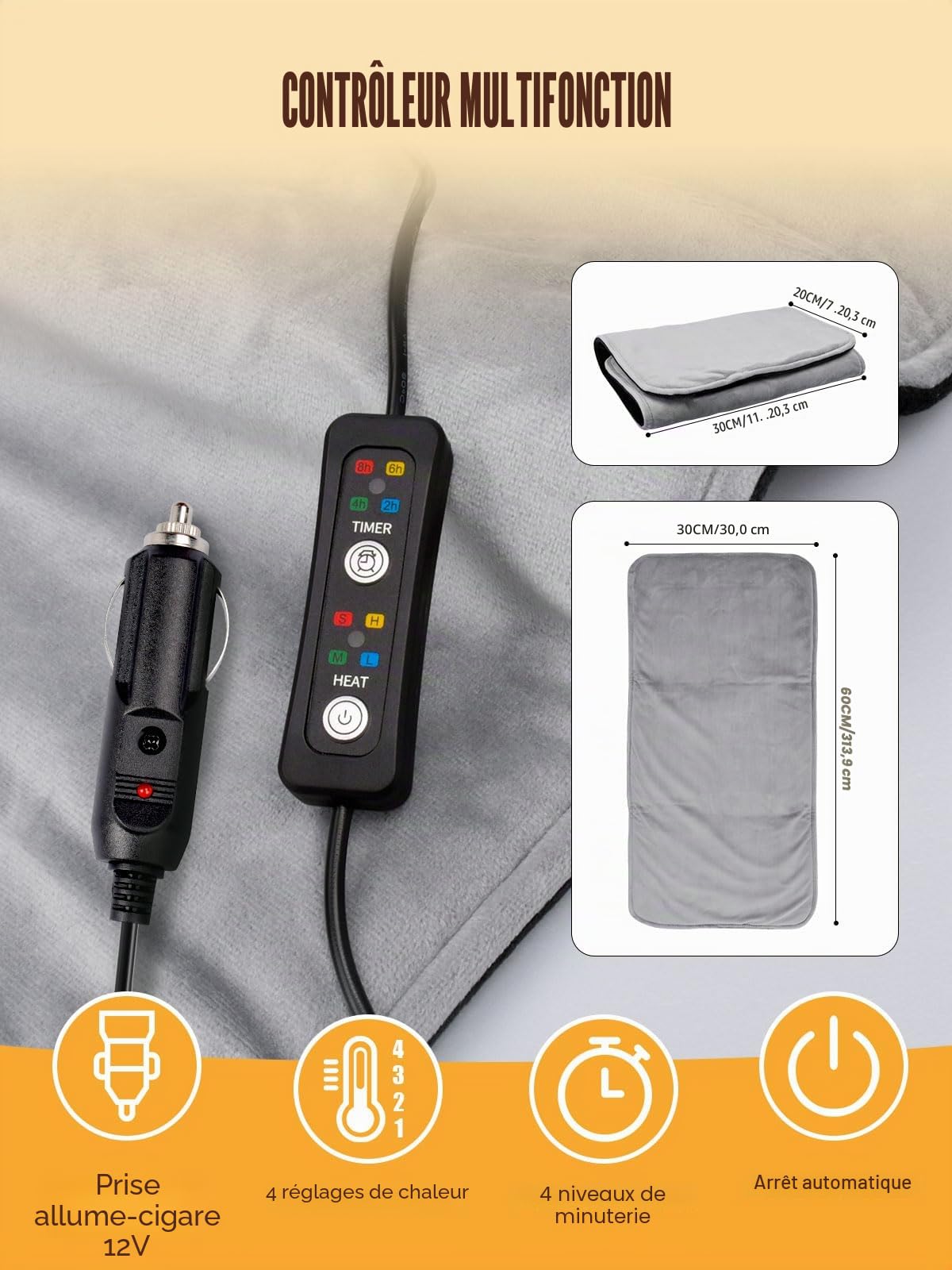 Couverture Chauffante de Voiture 12V 4 RéGlages Chaleur et 4 RéGlages Minuterie 31x61cm Mini Couverture éLectrique de Voyage Portable Pour Le dos du Cou éPaule Soulagement Des Douleurs Voiture SUV MPV