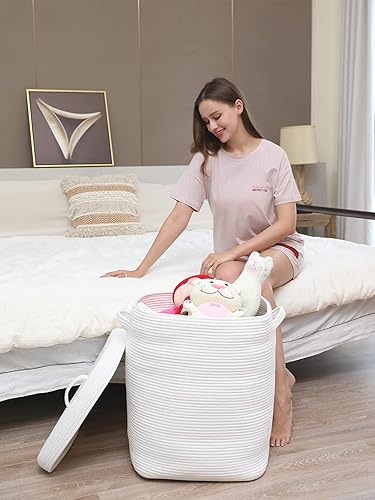 Miniatura 24 de Cesta de almacenamiento rectangular extragrande de 22 x 14 x 18 pulgadas con tapa, cesta de almacenamiento grande de cuerda de algodón, cesta