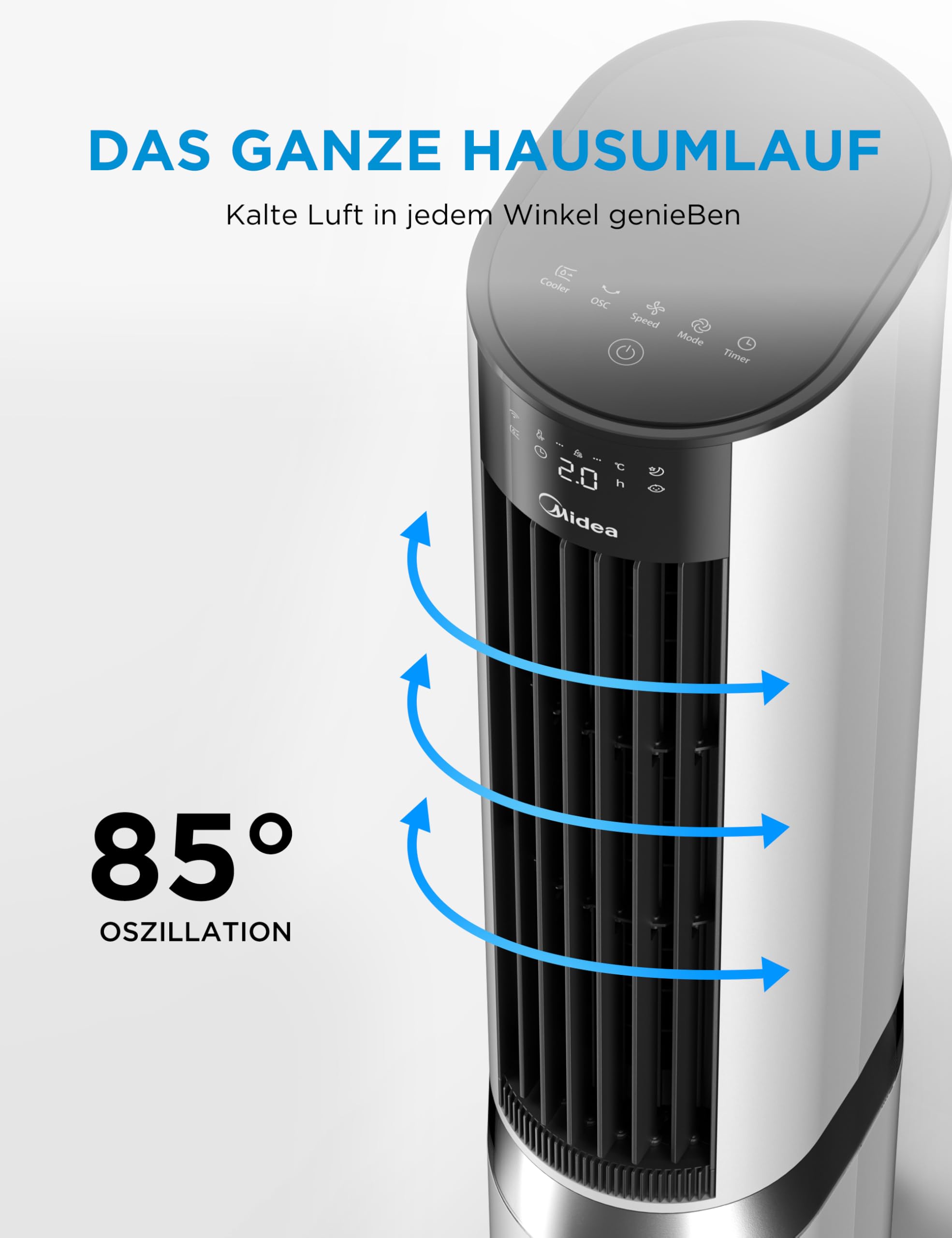 Midea MCF23XRB(WH) Luftkühler, Klimaanlage mobil, 2000m³/h Luftstrom, Sensicool Smart Temp, Ionis... Ansicht 9