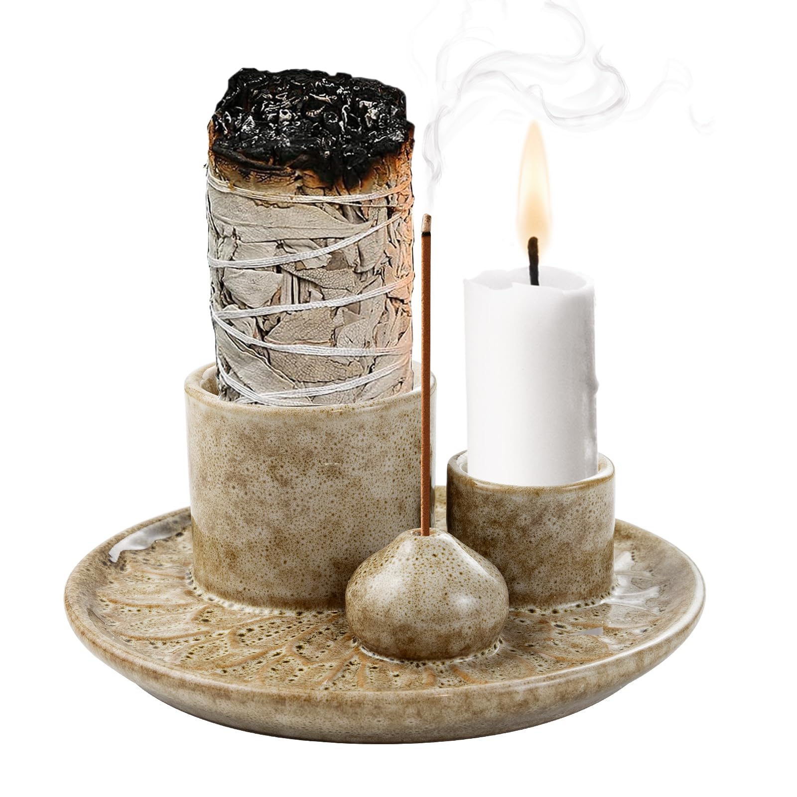 Palnik Kadzidłowy 4 w 1, Ceramiczny Uchwyt na Kadzidło do Palo Santo, Khaki | Kadzielnica Do Białej Szałwii , Pojemnik na Popiół, Do Dekoracji, Jogi i Medytacji, i na prezent