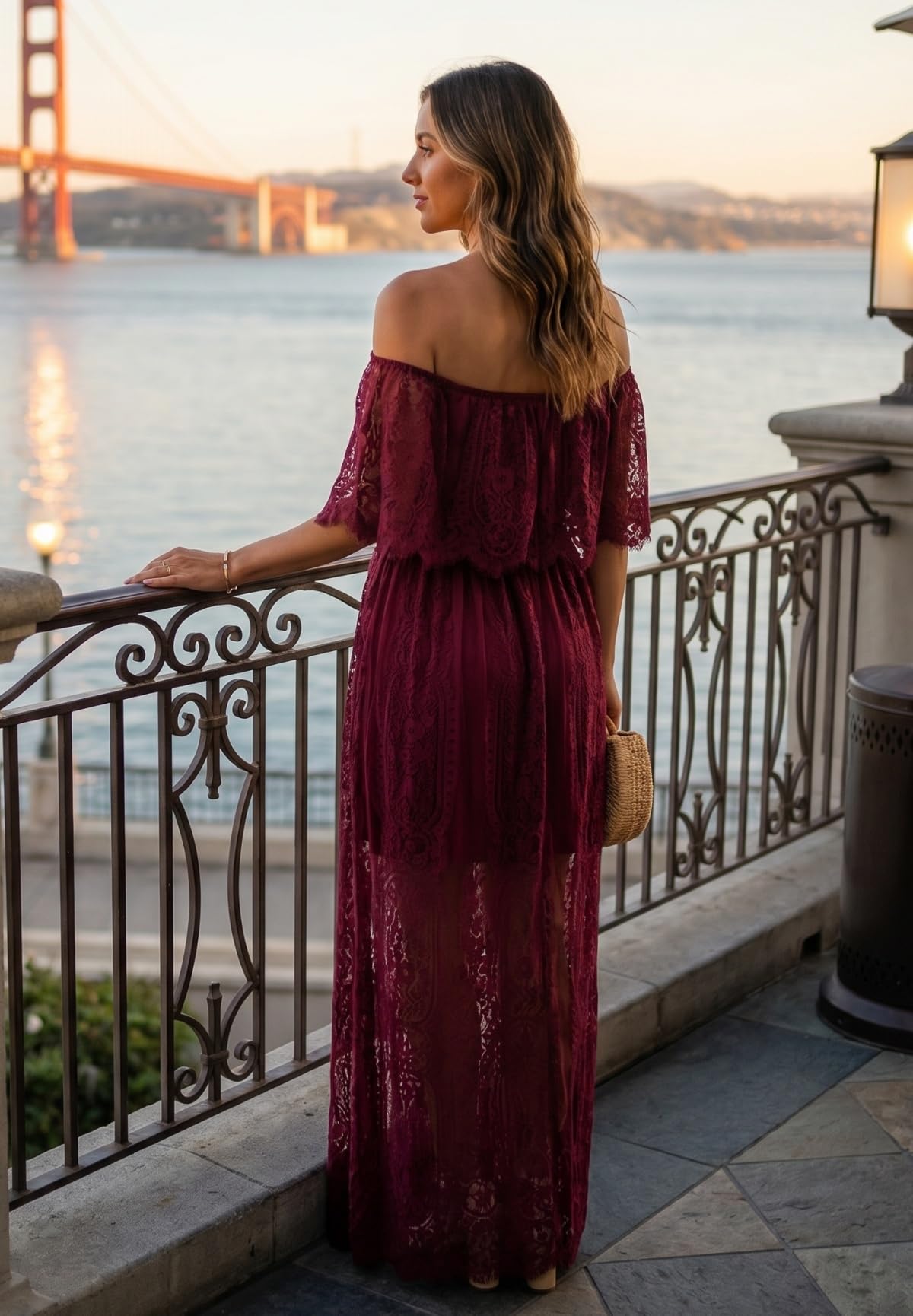 Holipick Vestido largo de encaje con hombros descubiertos para mujer, estilo bohemio, para invitada de boda, dama de honor, playa, vestido largo formal