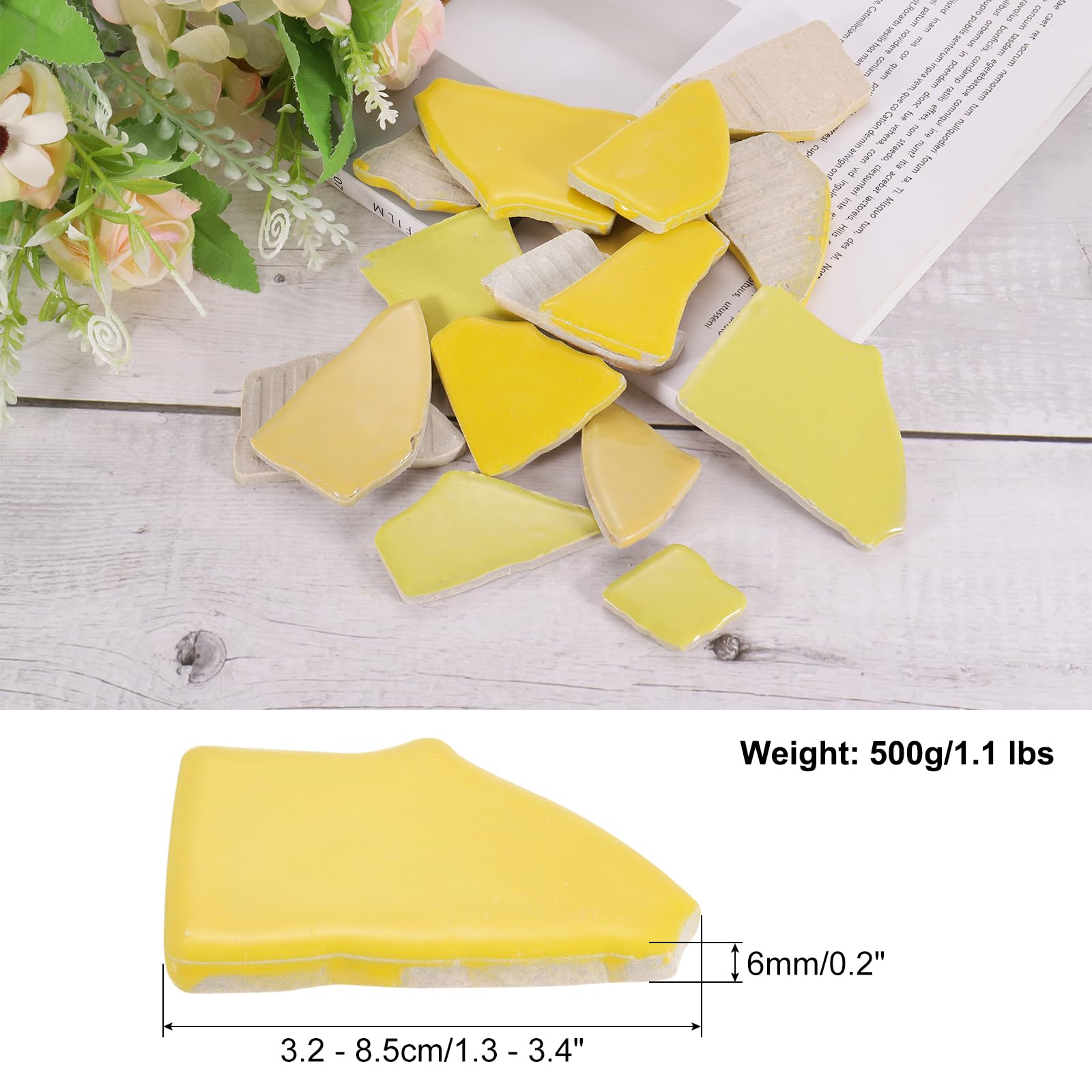 QUARKZMAN 500g/1.1LB Unregelmäßige Keramik Mosaikfliesen, 3,2-8,5 cm Großpackung Bunte Keramik Mosaikstücke Steine Mosaik Kits für DIY Kunsthandwerk Projekte Wohnkultur, Gemischt Gelb