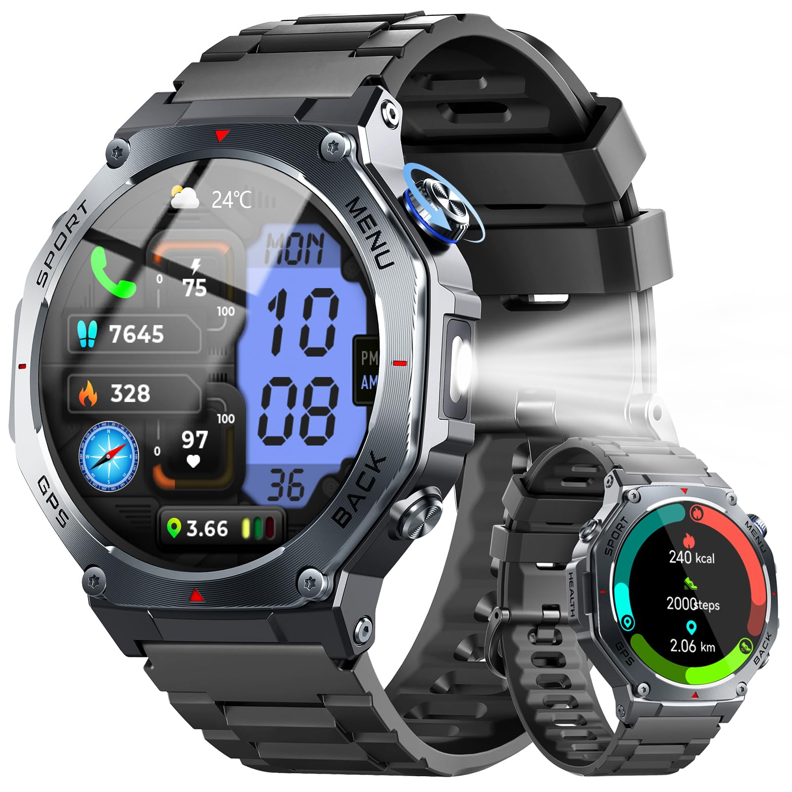 Militär Smartwatch Herren mit GPS, 1.43 Zoll AMOLED Display Fitnessuhr mit Bluetooth Anruf, 5ATM Wasserdicht Sportuhr mit Herzfrequenz/Schlafmonitor/Schrittzähler, 160+ Sportmodes, Uhr für Android/iOS