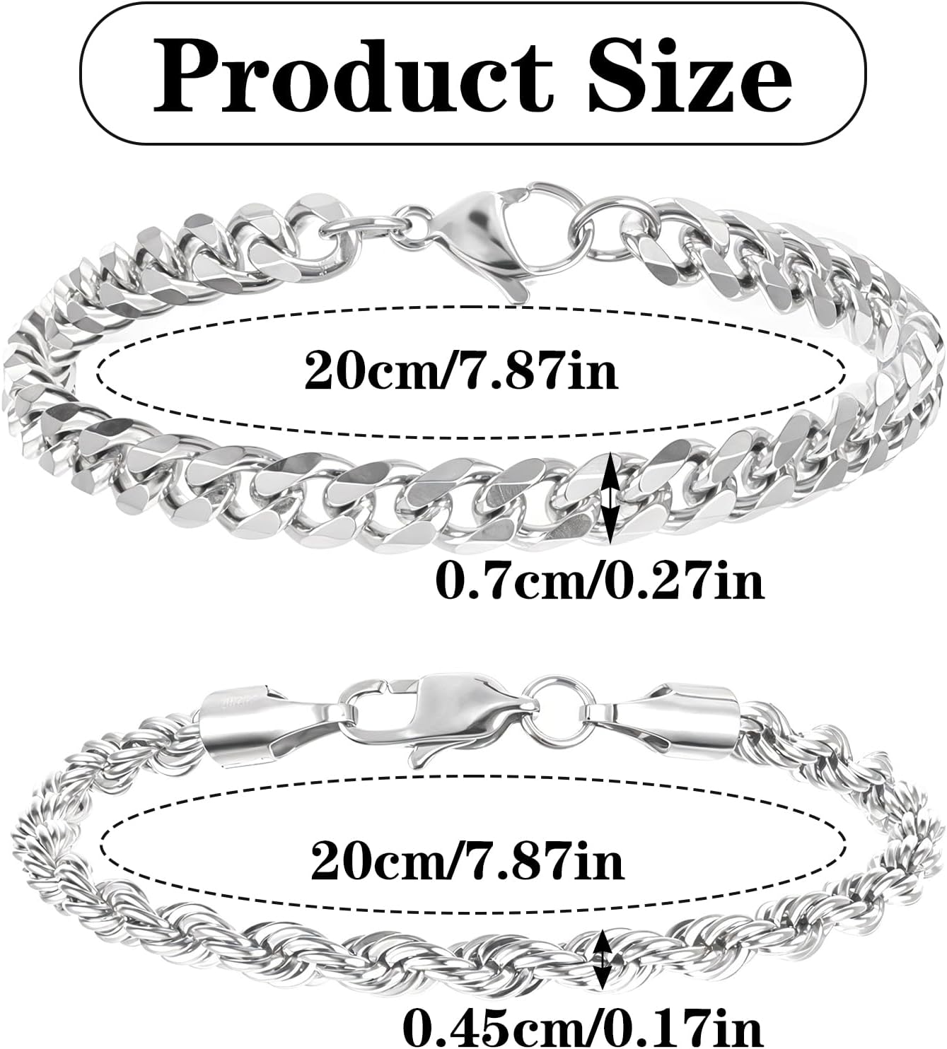 2 PCS Silver Bracelet for Men, Men's Silver Bracelet Chain, Metal Bracelets for Birthday Father's Day Valentine's Day Gift to Men Dad Husbands Boyfriends