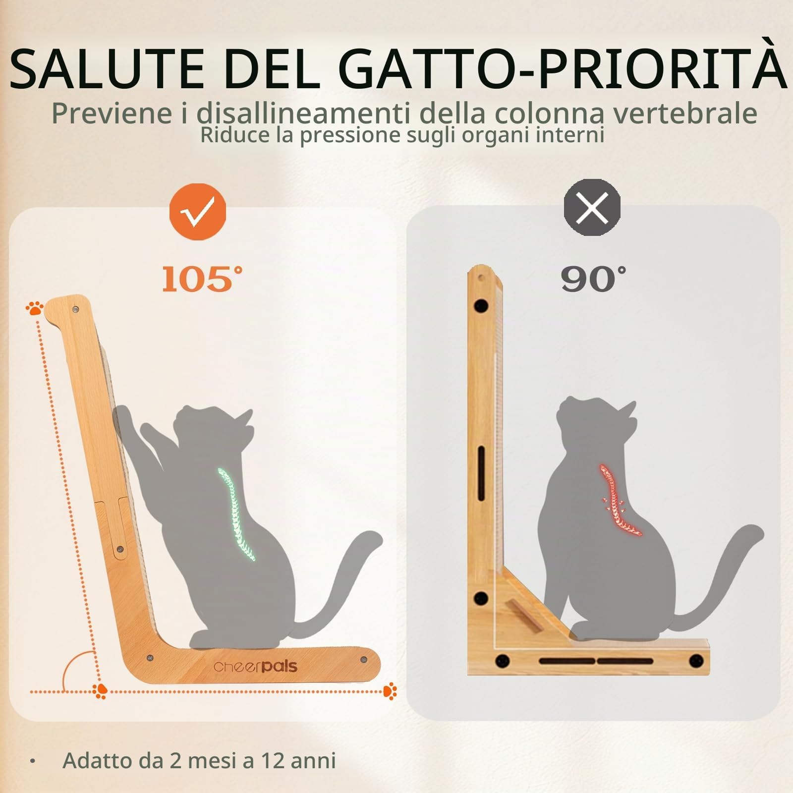 CheerPals Tiragraffi per gatti a forma di L, in legno di faggio massiccio, design a 105° | Tappetino tiragraffi in sisal naturale, grande 58 x 37 x 48 cm, mobili per animali domestici per tutti i gatti
