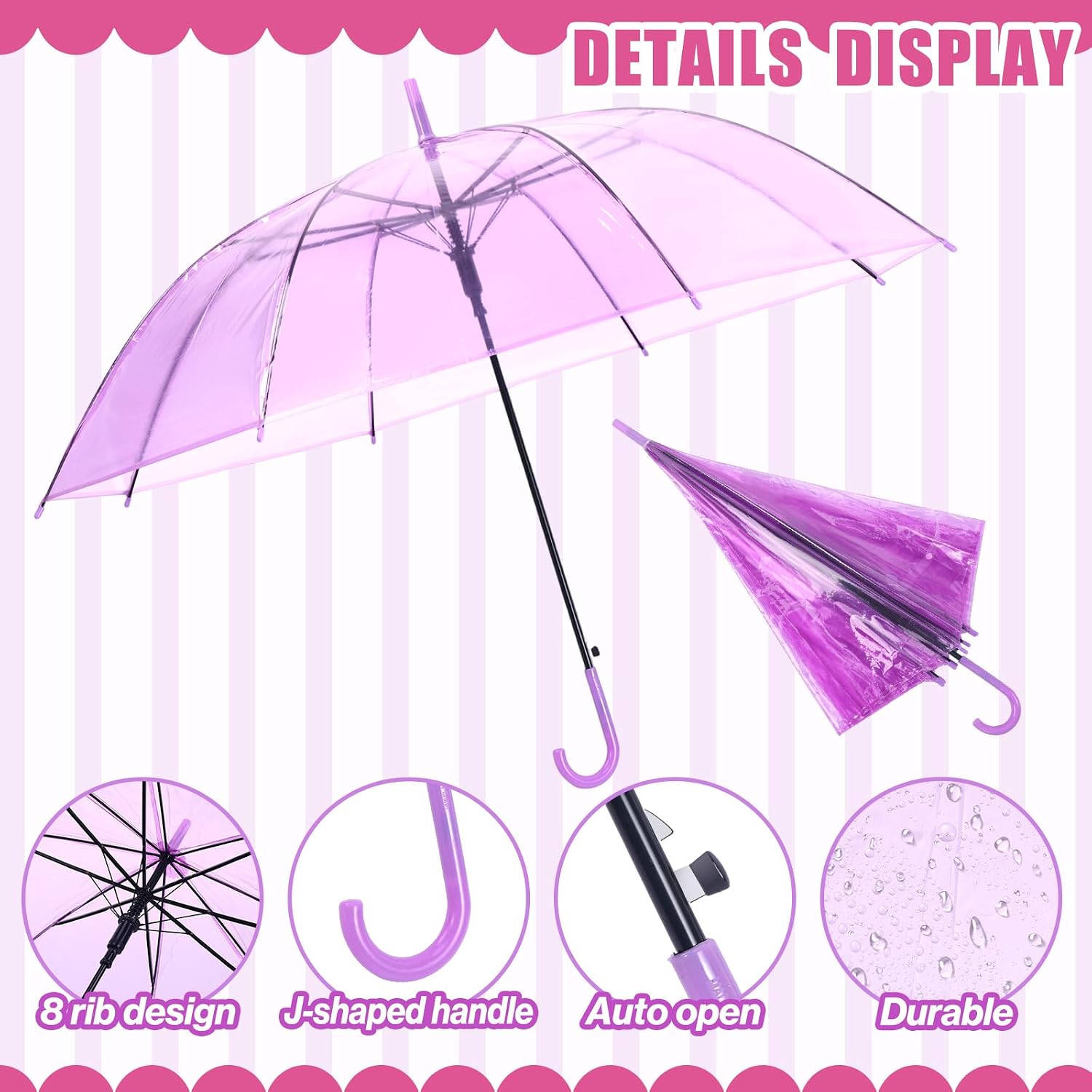 Clear Umbrella Bulk Colorful Transparent Rain Umbrellas Windproof Waterproof with J Hook Handle for Wedding Party Photography Outdoor Travel Gift