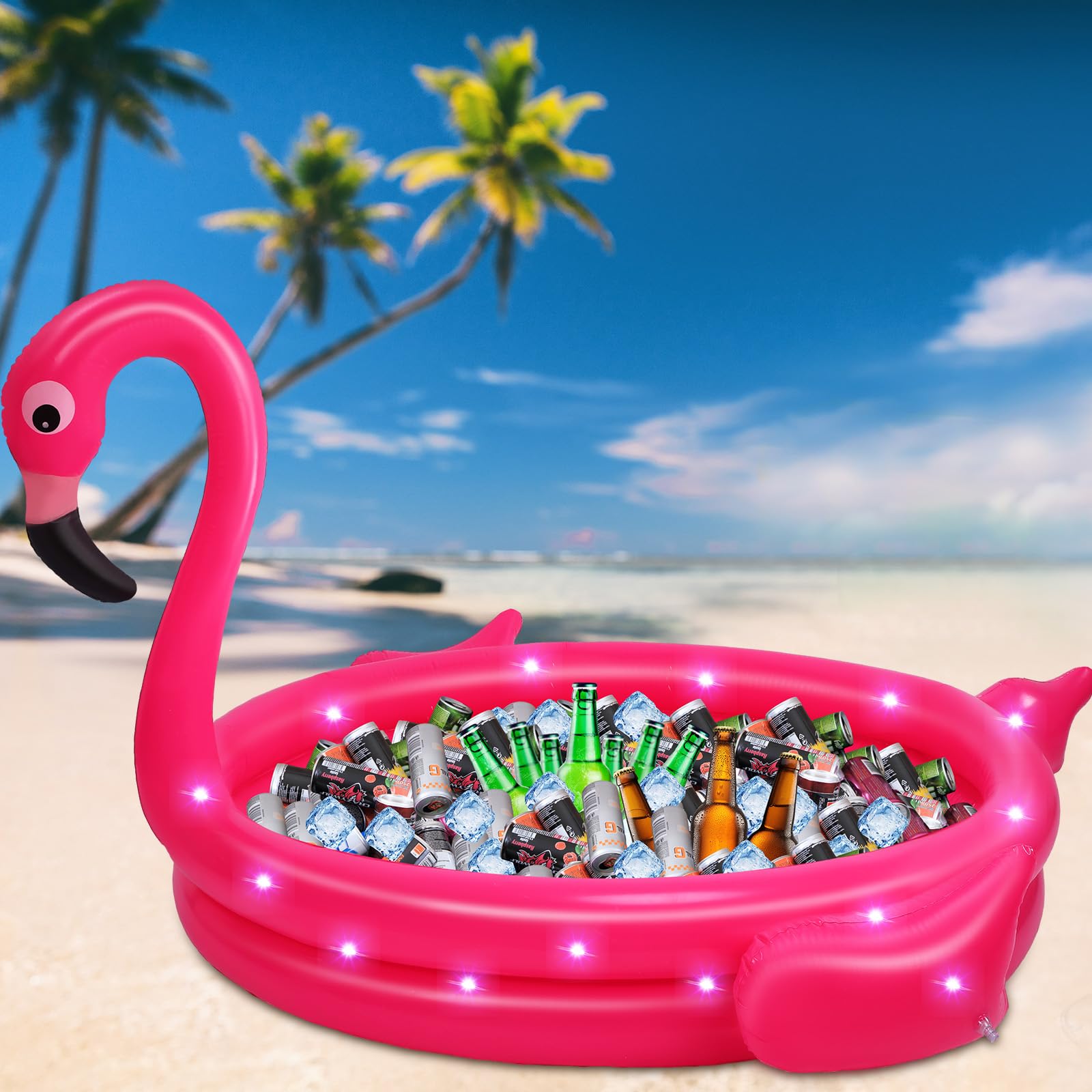 Tanlade 47 Inch Flamingo Inflatable Cooler 130+cans Capacity Giant Inflatable Flamingo Blow up Cooler with Suction Cup and String Light for Hawaiian Outdoor Party Food Beverage Holder Decor