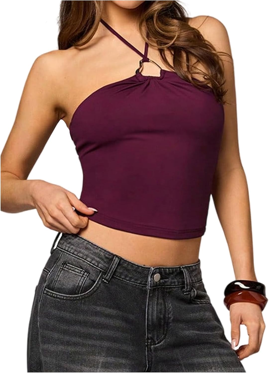 SweatyRocks Women's Halter Tops Crop Slim Backless Drawstring Tie Dressy Casual Spaghetti Strap Cami Tops - Image 2