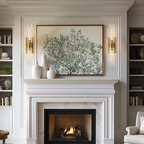 Miniatura 8 de YUYI Juego de dos apliques de pared de latón, 22.8 pulgadas, decoración de pared de baño dorados con pantalla de vidrio transparente, luces de pared