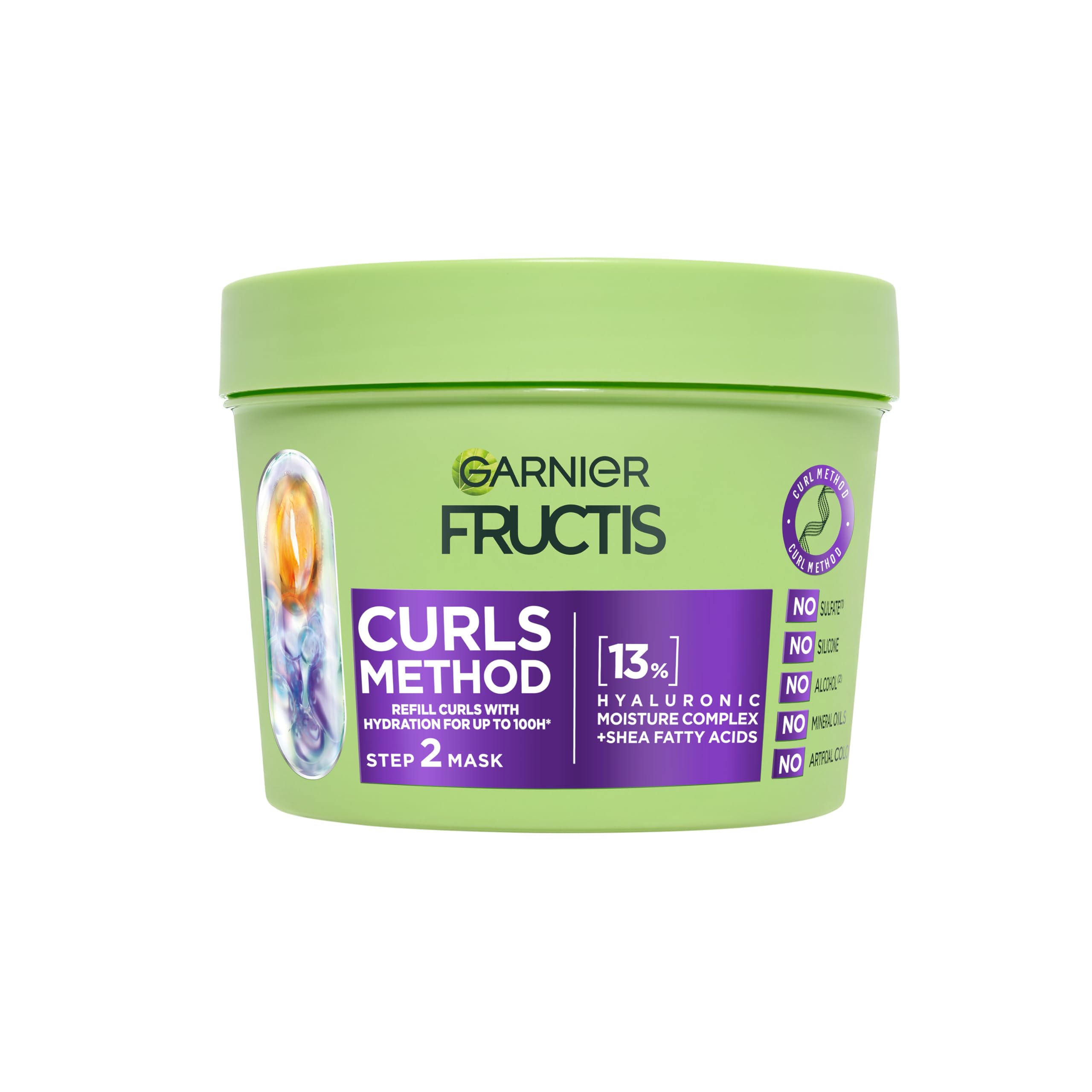 Garnier Fructis Curls Method Step 2 Mask for all curl types Refill curls with hydration for up to 100H With Hyaluronic Moisture Complex + Shea Fatty Acids Sulfate-free silicone-free Vegan 370ml