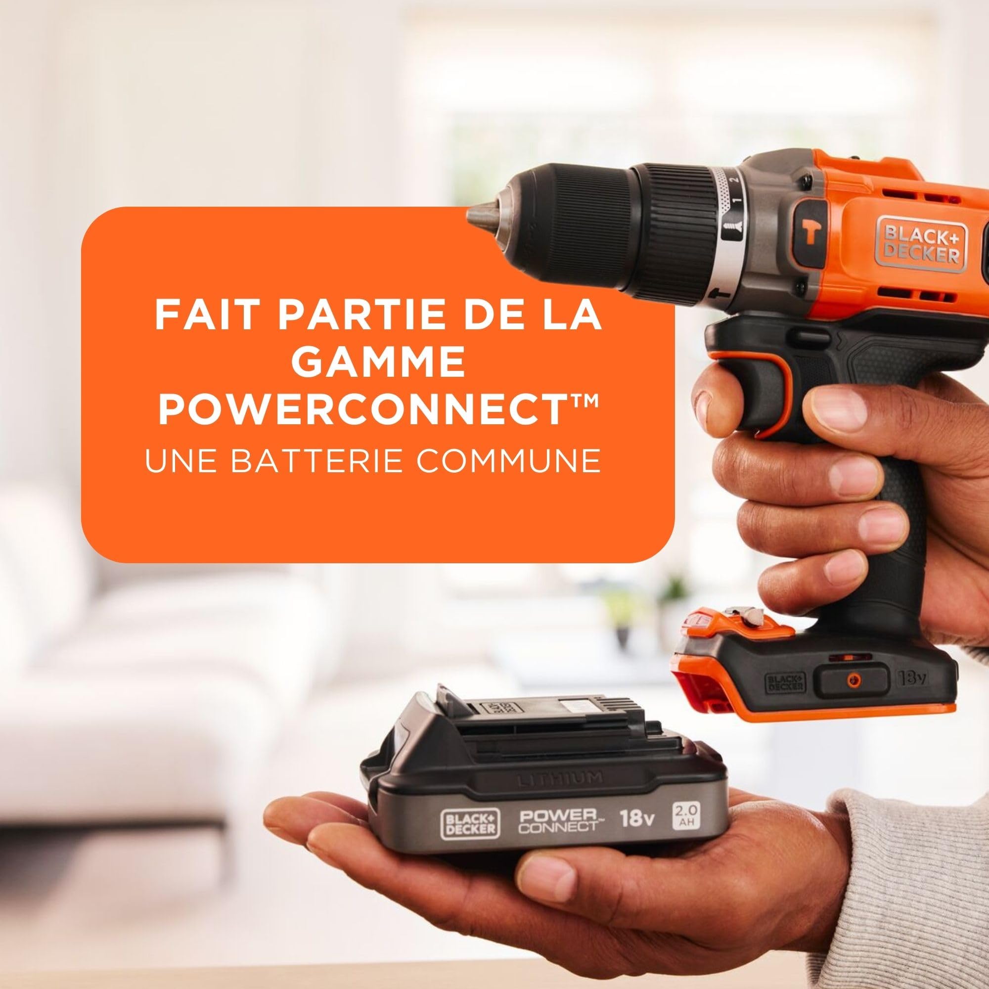BLACK+DECKER Marteau perforateur sans fil 18V POWERCONNECT, couple 45Nm, 2 vitesses, éclairage LED, mandrin sans clé, sans batterie ni chargeur, BCD383XN-XJ