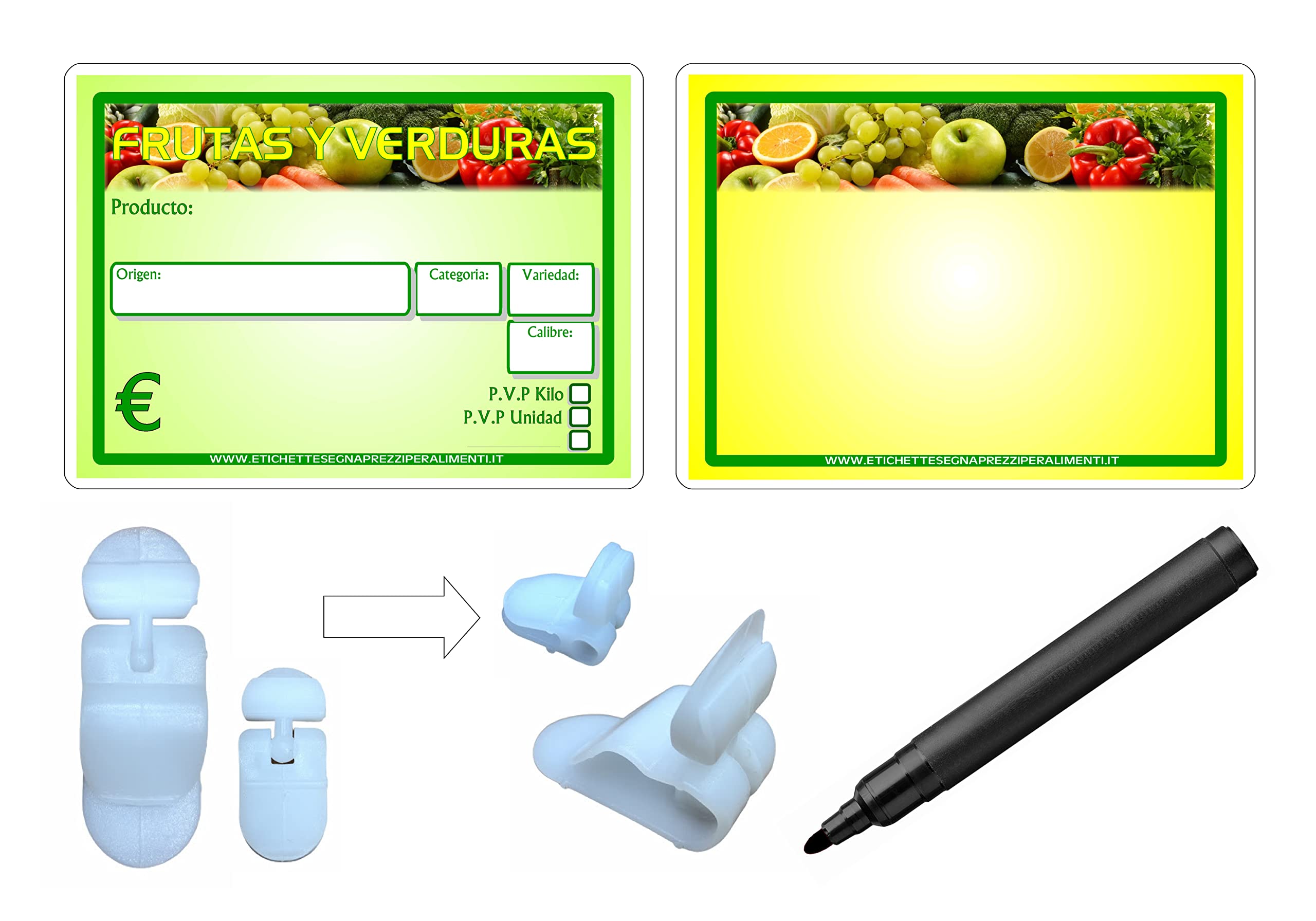 30 Portaprecios cartel porta precios etiquetas de precios plastificadon para frutas y verduras + 30 soportes + 1 marcador no tóxico (8,3x11,3 cm)
