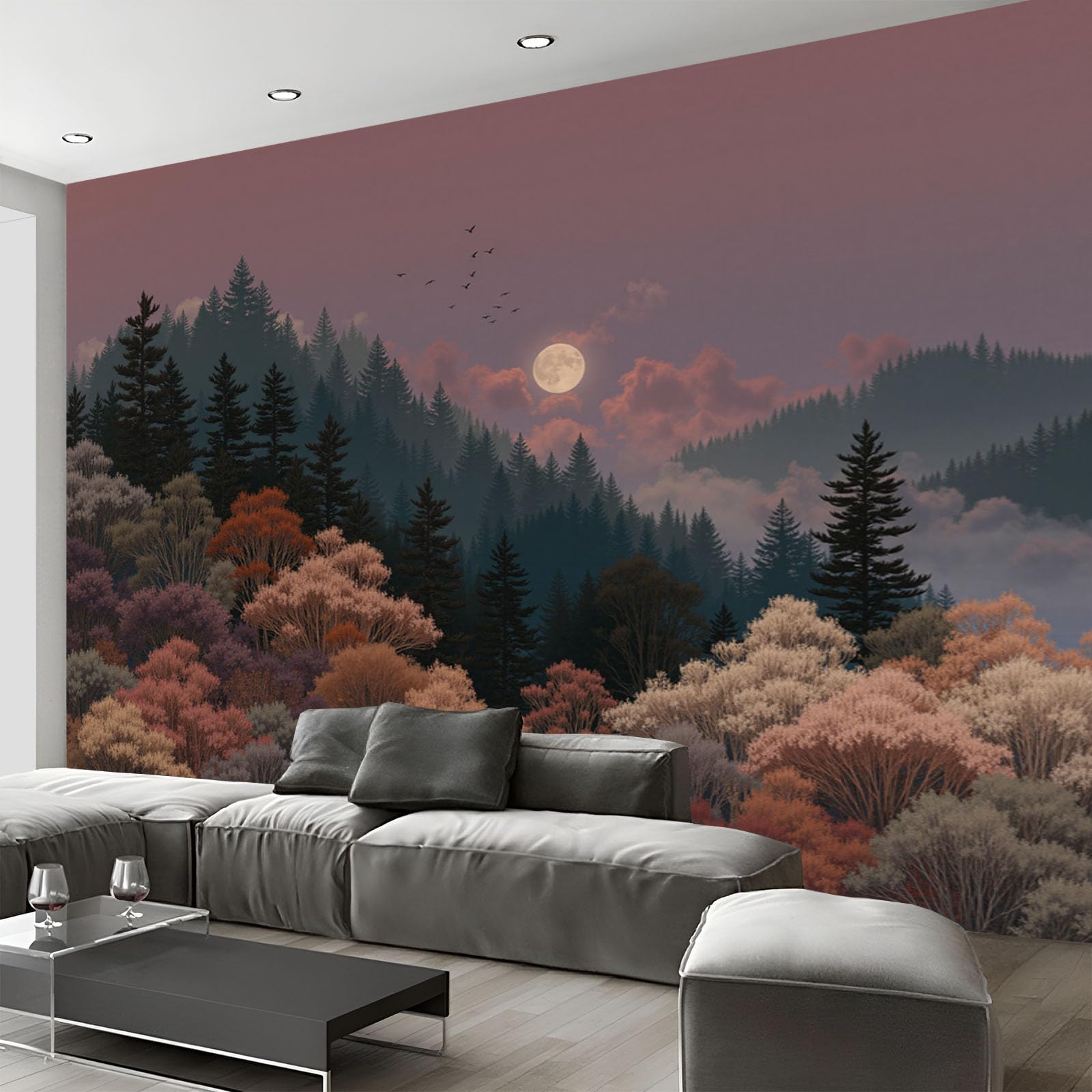 Papier peint panoramique salon forêt rétro pour un intérieur cosy