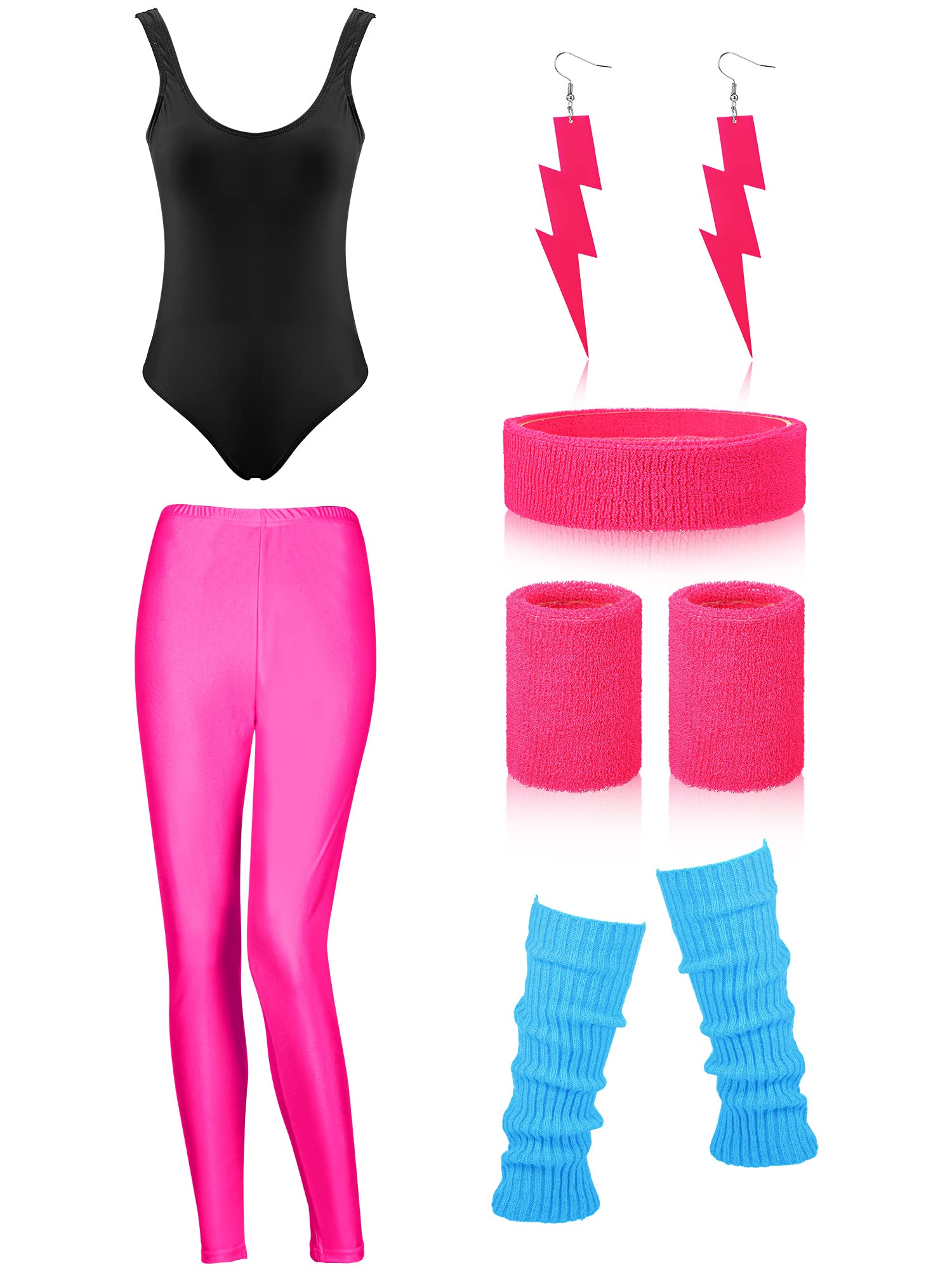 SATINIOR Women 80s 90s Workout Costume Outfit Accessories Set Leg Warmers Headband Wristbands Earrings Swimwear Suit