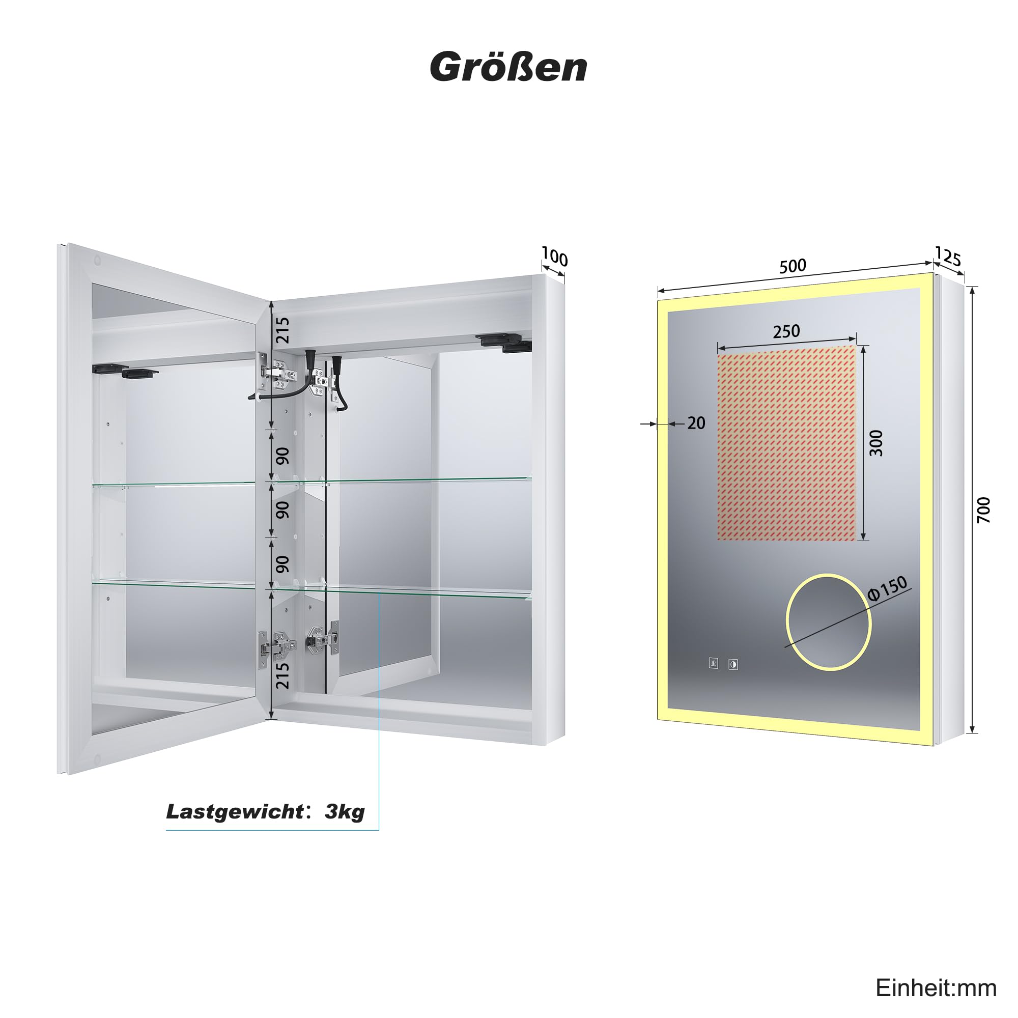 SONNI Szafka łazienkowa z lustrem LED z 3-krotnym powiększeniem i gniazdkiem 70 x 50 cm, aluminiowa szafka z lustrem z włącznikiem dotykowym, 3 kolory światła + defogging, IP44 wodoodporna