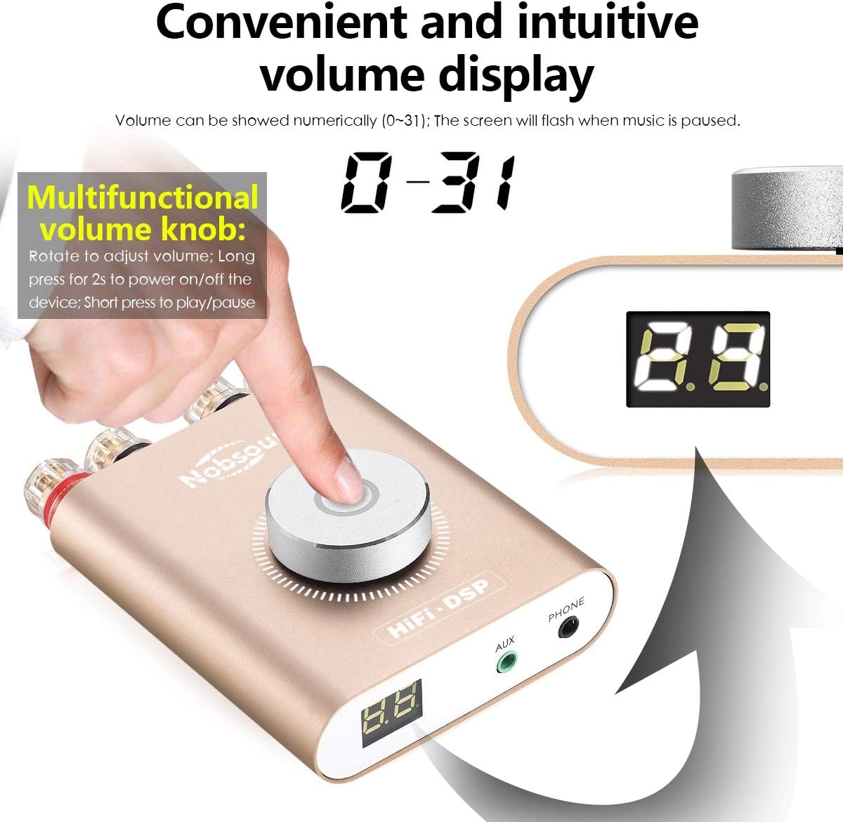 Big Sale Nobsound NS-20G 200W Mini Bluetooth 5.0 Power Amplifier 2.0 Channel Wireless Receiver Hi-Fi DSP Stereo Headphone Audio Amp LED Display (Gold)