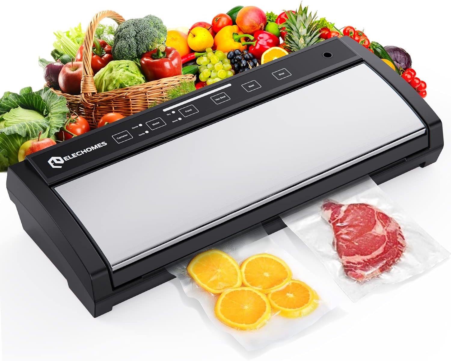 Elechomes Auto Vacuum Sealer with various vacuum-sealed foods and fresh produce